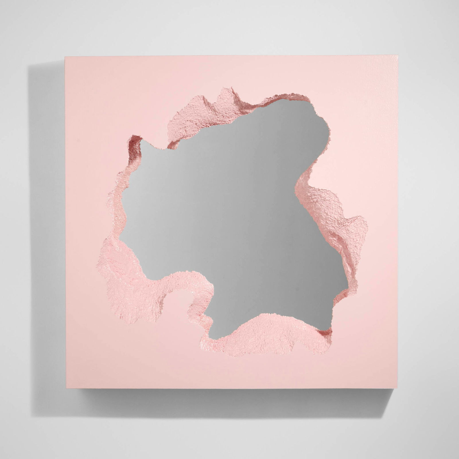 Snarkitecture, Broken Square Mirror (Pink): Snarkitecture Broken Square Mirror (Pink) Gufram USA / Italy, 2021 lacquered polyurethane, mirrored glass 39.5 h x 39.5 w x 7.75 d in (100 x 100 x 20 cm) Decal manufacturer's label to reverse