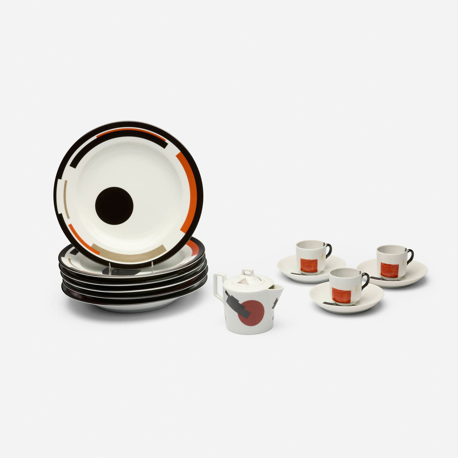 Nikolai Suetin, Collection of tableware: Nikolai Suetin Collection of tableware Vista Alegre for Mottahedeh Russia / USA, 1923 / c. 1990 transfer-printed porcelain 4.5 h x 5.75 w x 3.5 d in (11 x 15 x 9 cm) 1 h x 5.5 dia in (3 x 14 cm) 