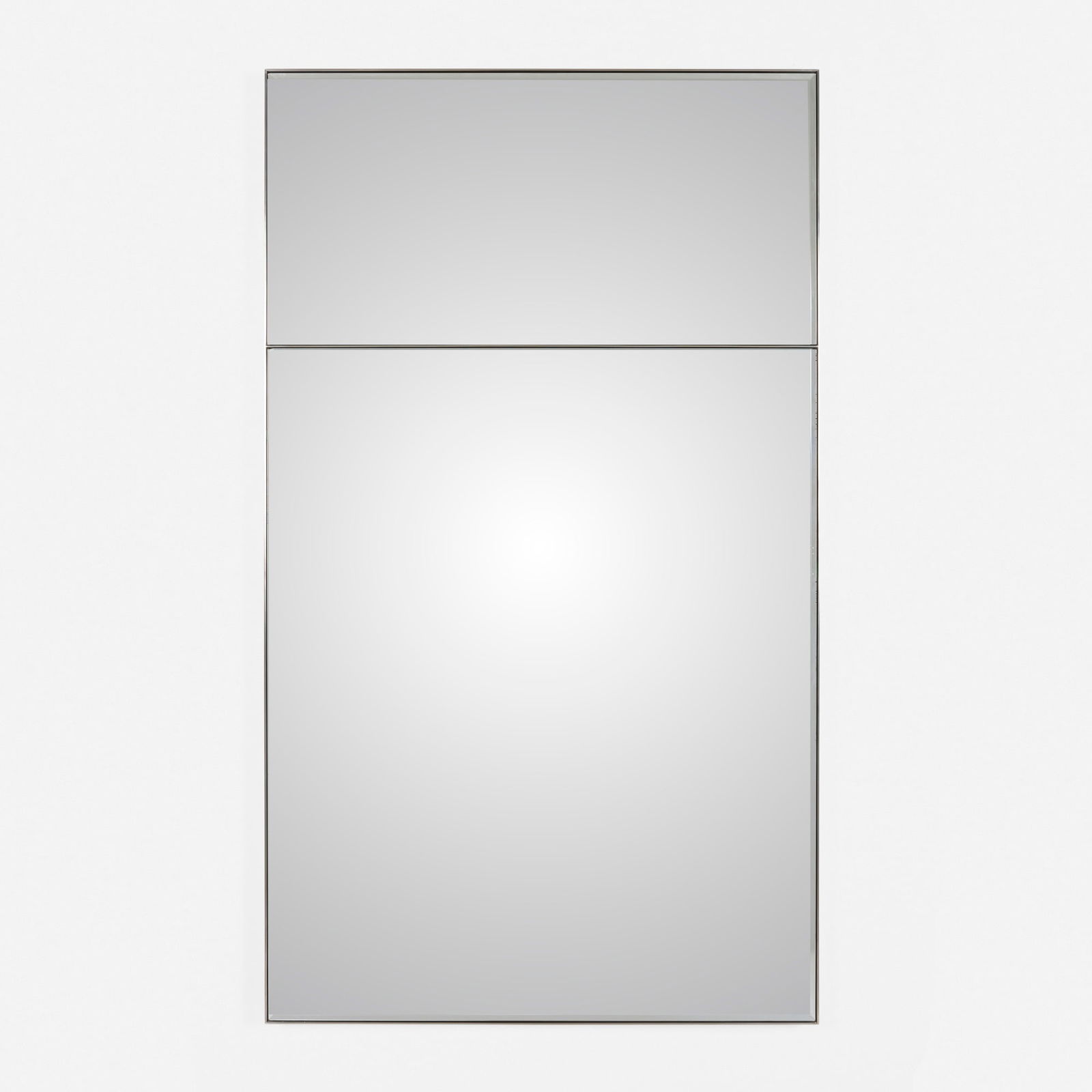 Holly Hunt, Wall mirror: Holly Hunt Wall mirror USA, 21st century beveled mirrored glass, stainless steel 62 h x 36 w x 2 d in (157 x 91 x 5 cm) Provenance: Private Collection This work will ship from Chicago, Illinois.