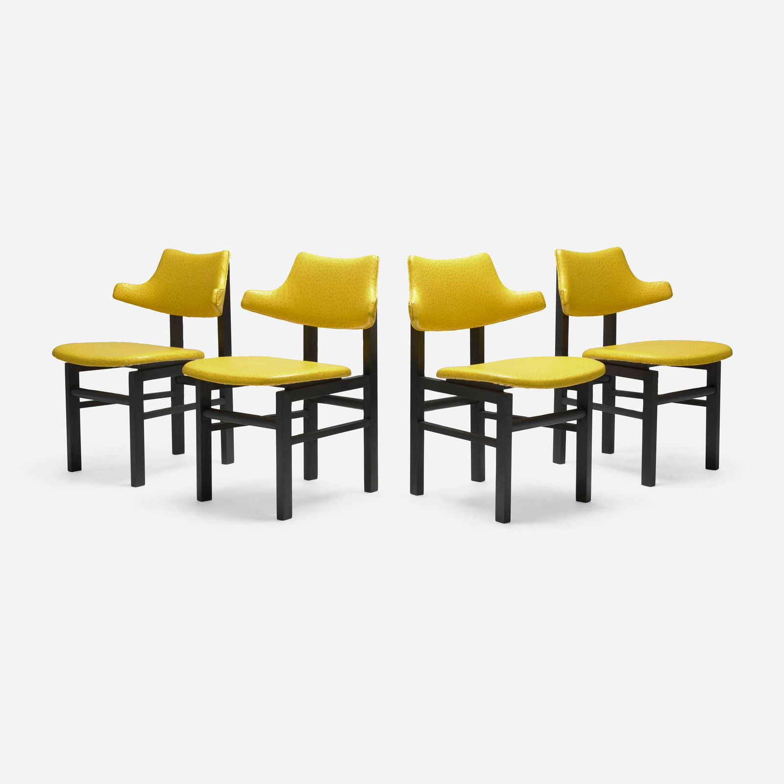 Edward Wormley, Dining chairs model 5517, set of four: Edward Wormley Dining chairs model 5517, set of four Dunbar USA, c. 1955 stained walnut, ostrich leather 32 h x 24.25 w x 22 d in (81 x 62 x 56 cm) Metal manufacturer's label to underside of one