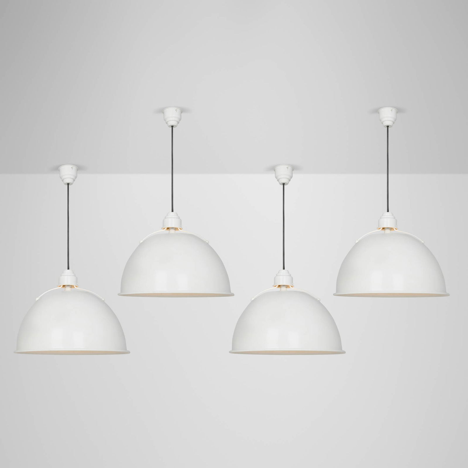 Contemporary, Hanging lamps, set of four: Contemporary Hanging lamps, set of four 2006 enameled brass and aluminum 30 h x 21 dia in (76 x 53 cm) Paper manufacturer's label to ceiling caps and sockets to each example 'Item No: TOB5000AW