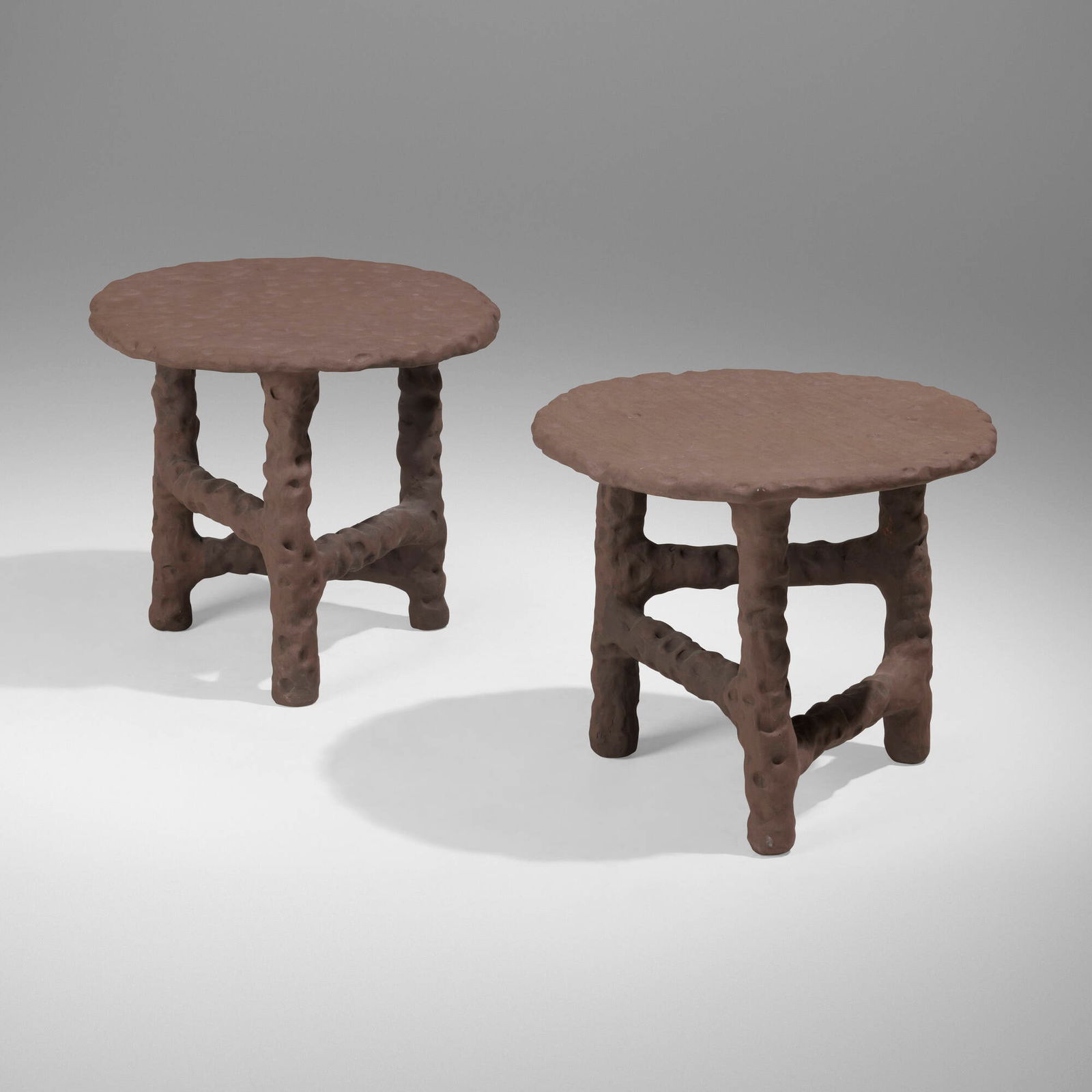 Chris Wolston, Occasional tables, pair: Chris Wolston Occasional tables, pair USA, 2020 painted terracotta 16 h x 19 dia in (41 x 48 cm) Carved signature and date to underside of each example 'Chris Wolston 2020'. Provenance: Patrick