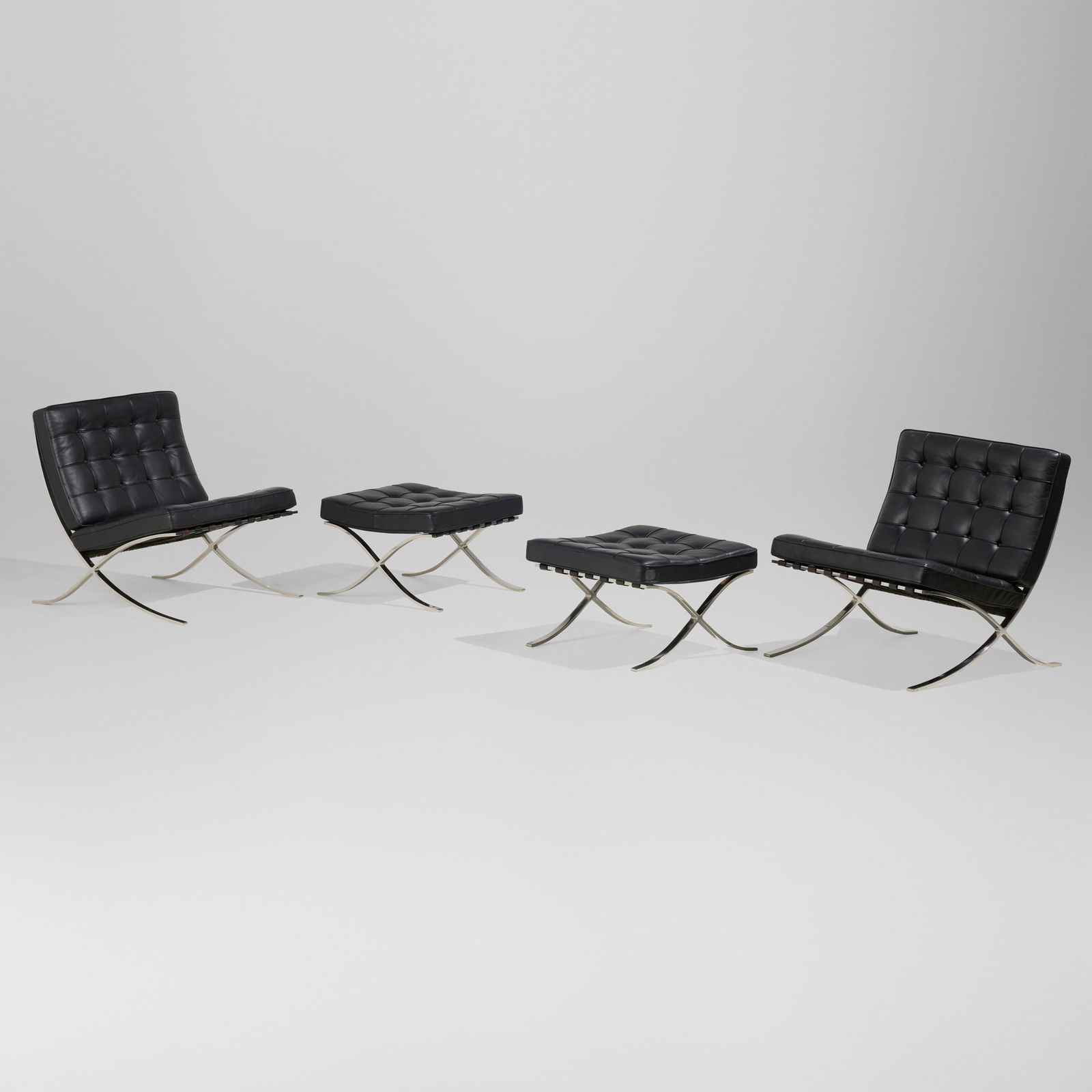 Ludwig Mies van der Rohe, Barcelona chairs and ottomans, pair: Ludwig Mies van der Rohe Barcelona chairs and ottomans, pair Knoll Associates Germany / USA, 1929 / c. 1965 chrome-plated steel, leather upholstery chair: 31.5 h x 30.5 w x 30.5 d in (80 x 77 x 77