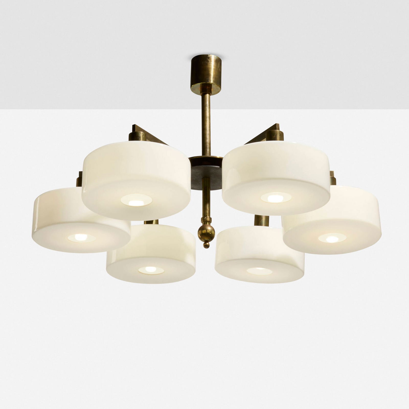 Modern, Chandelier: Modern Chandelier c. 1960 brass, milk glass, steel 29 h x 44 dia in (74 x 112 cm) Provenance: Private Collection This work will ship from Lambertville, New Jersey.