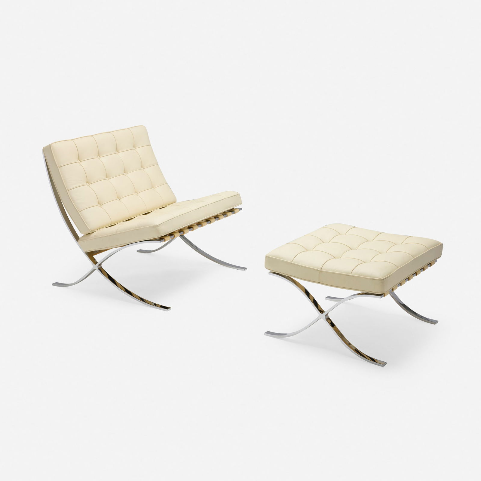 Ludwig Mies van der Rohe, Barcelona chair and ottoman: Ludwig Mies van der Rohe Barcelona chair and ottoman KnollStudio Germany / USA, 1929 / c. 2010 leather, chrome-plated steel chair: 30.5 h x 30.5 w x 30.5 d in (77 x 77 x 77 cm) ottoman: 16 h x