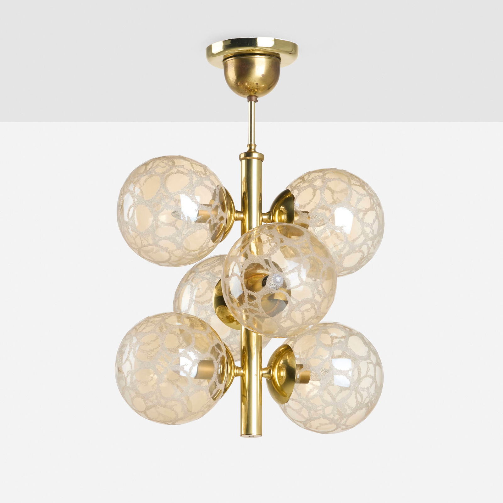 Modern, Chandelier: Modern Chandelier c. 1975 bullicante glass, brass 21.75 h x 15 w x 14 d in (55 x 38 x 36 cm) This work will ship from Lambertville, New Jersey.