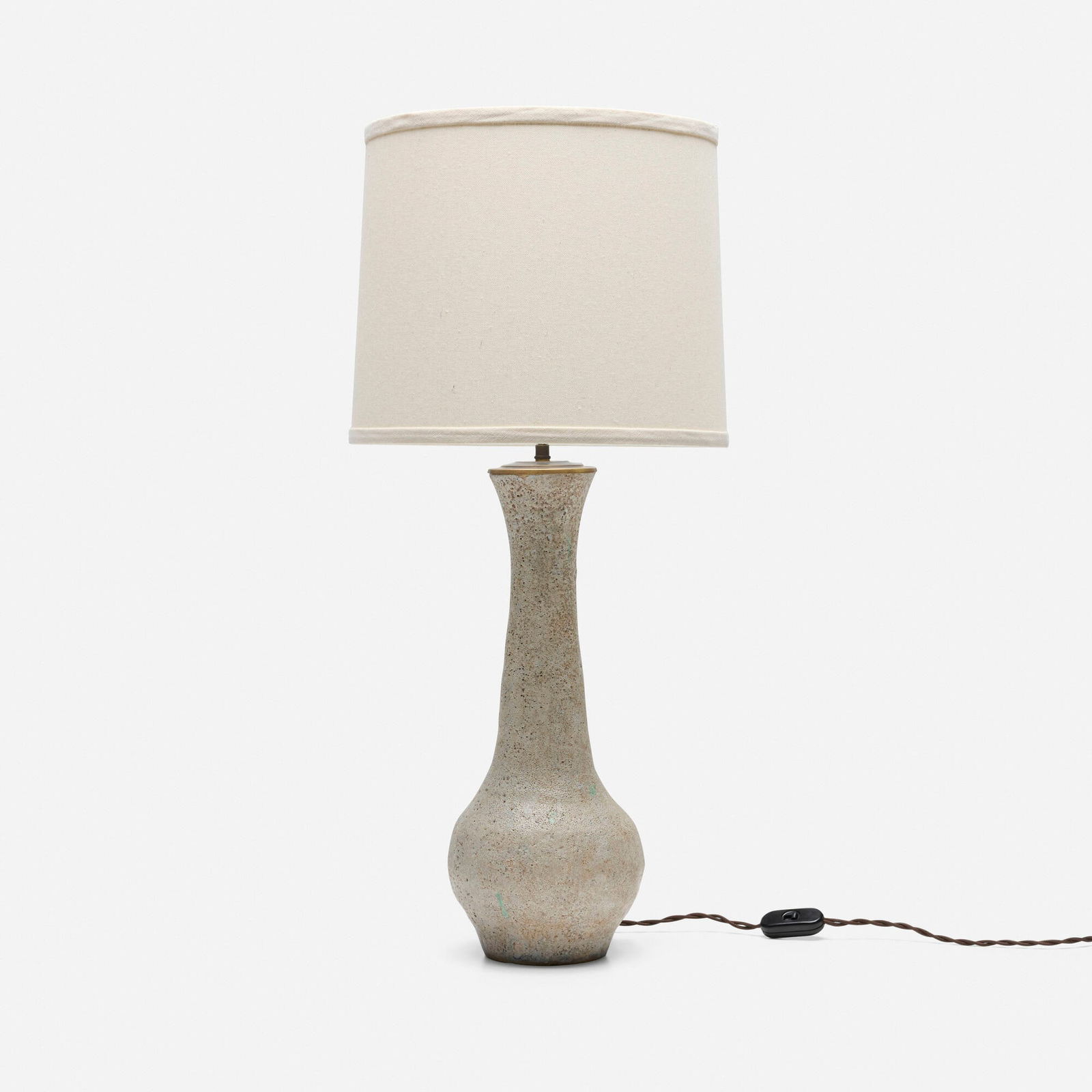 Les Argonautes, attribution, Table lamp: Les Argonautes, attribution Table lamp France, c. 1960 glazed stoneware, linen shade, brass 26.75 h x 12 dia in (68 x 30 cm) Studio cipher to underside. Provenance: Private Collection This work