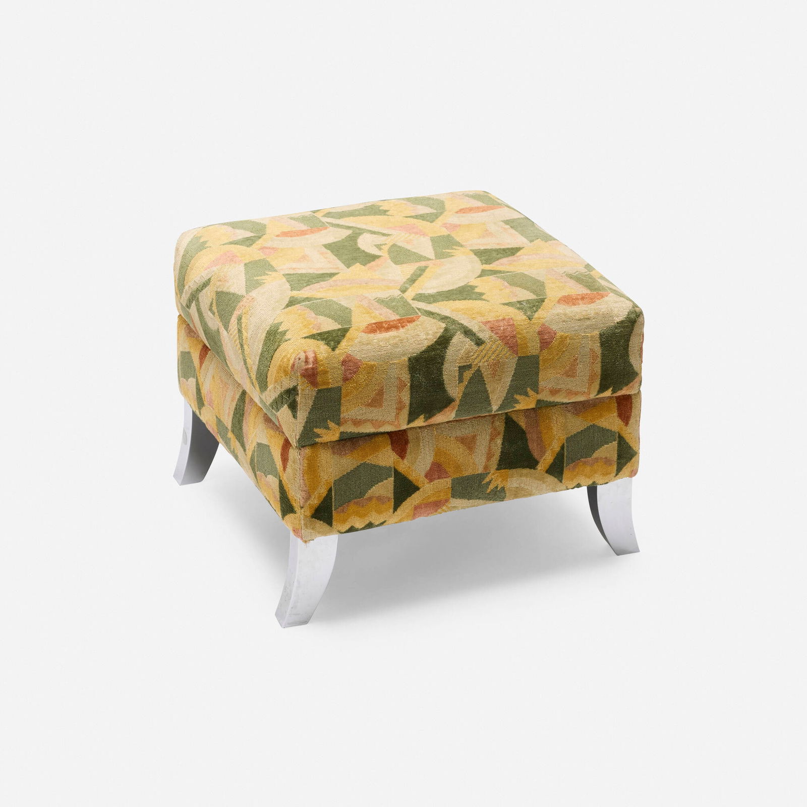 Thierry Despont Designs, Custom ottoman: Thierry Despont Designs Custom ottoman c. 1990 upholstery, chrome-plated steel 15.5 h x 19.5 w x 19.5 d in (39 x 50 x 50 cm) Provenance: Private Collection, New York | Private Collection This