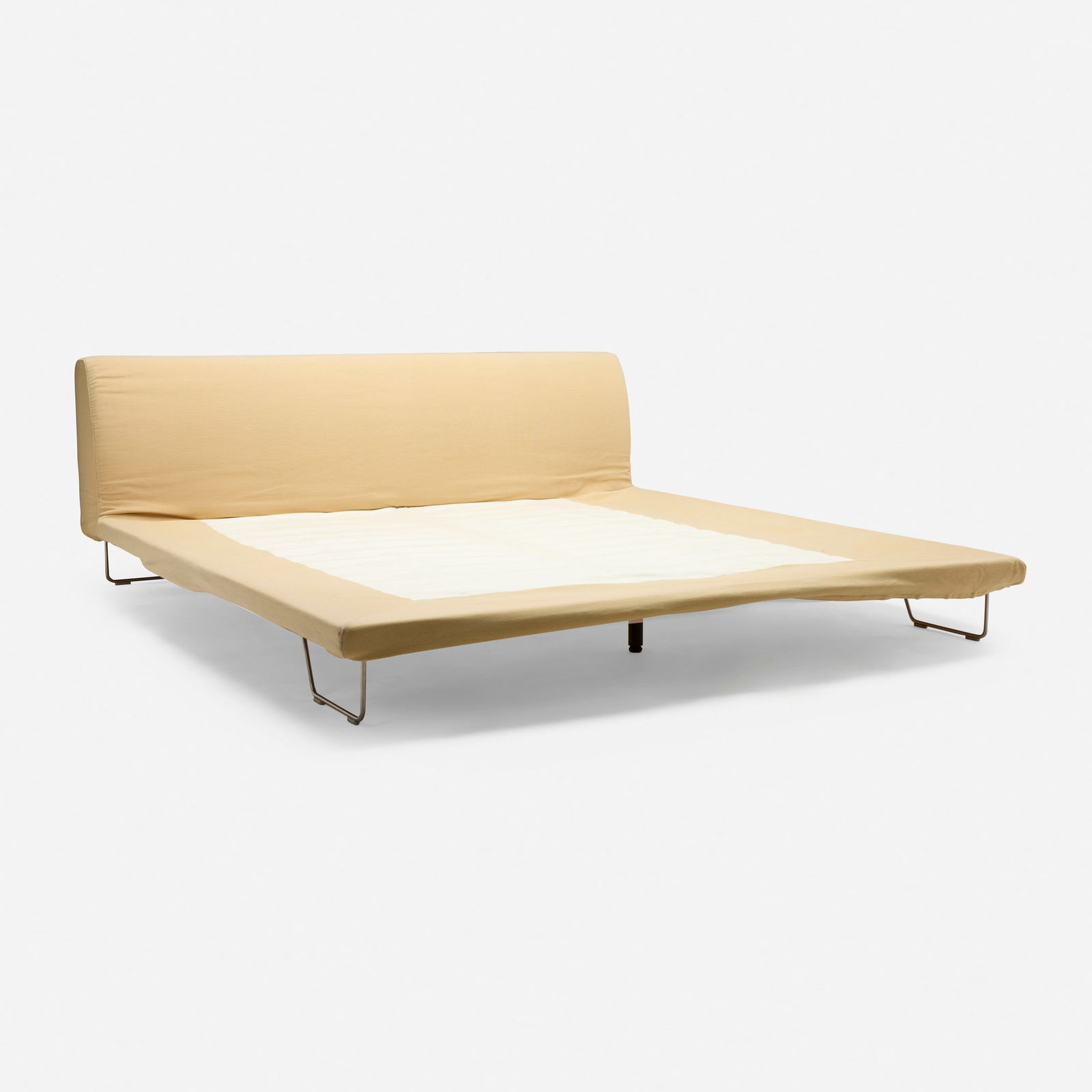 Jasper Morrison, King-size bed frame: Jasper Morrison King-size bed frame Cappellini United Kingdom / Italy, c. 2000 upholstery, stainless steel, enameled steel, maple 30.5 h x 80.5 w x 87.5 d in (77 x 204 x 222 cm) Provenance: