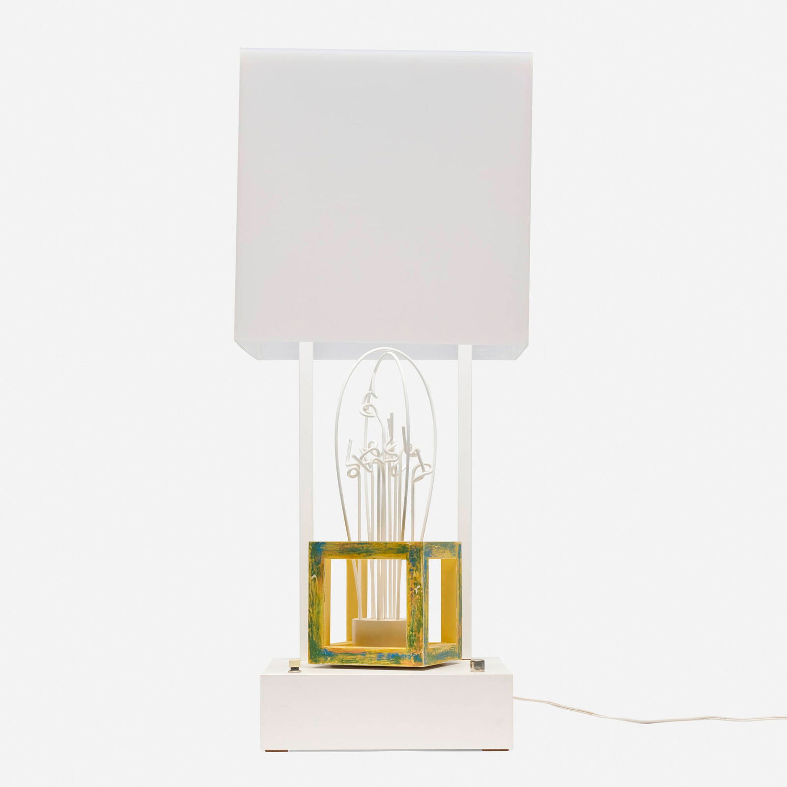 Garry Knox Bennett, Light Bulb kinetic table lamp: Garry Knox Bennett Light Bulb kinetic table lamp USA, 2012 Lucite, powder-coated steel, painted wood, plastic 33.5 h x 14 w x 14 d in (85 x 36 x 36 cm) Lamp features three touch-activated