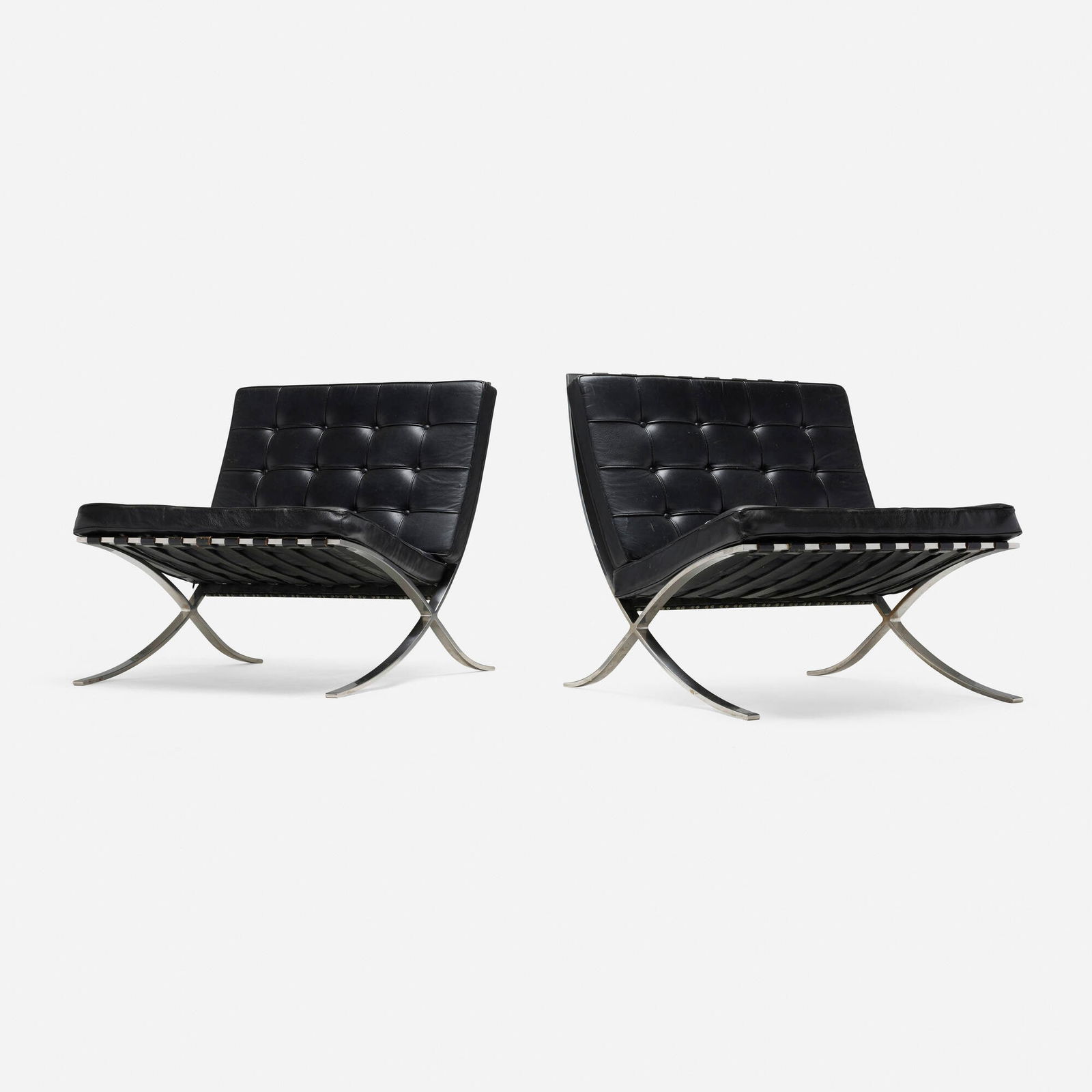 Ludwig Mies van der Rohe, Barcelona chairs, pair: Ludwig Mies van der Rohe Barcelona chairs, pair KnollStudio Germany / USA, 1929 / c. 1990 leather, stainless steel 29.5 h x 29.25 w x 29.75 d in (75 x 74 x 76 cm) Literature: Knoll Furniture: