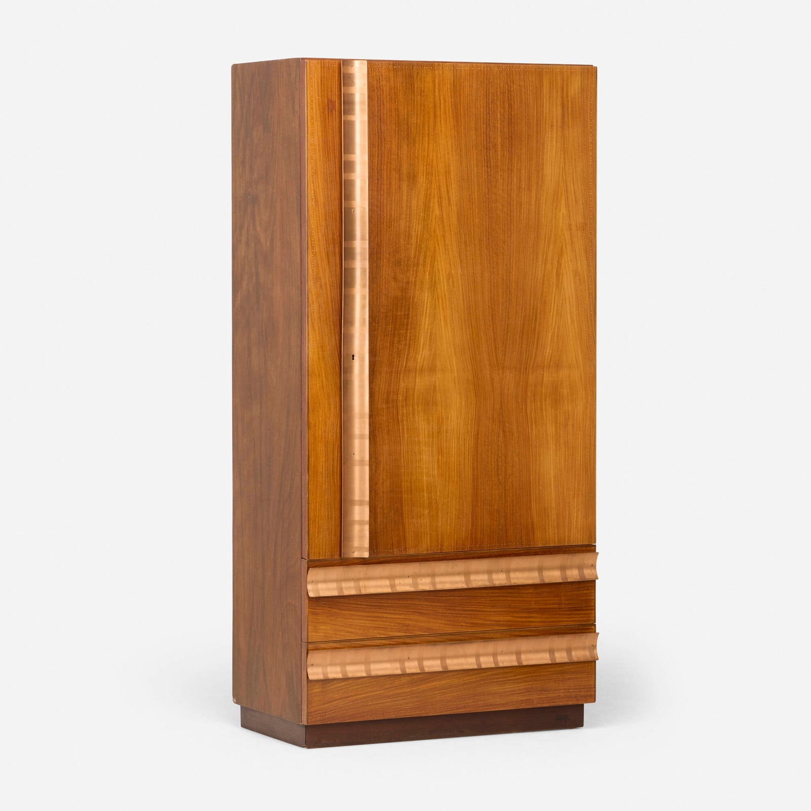 Andre Sornay, Armoire: Andre Sornay Armoire France, c. 1930 walnut veneer, copper 73.25 h x 35.5 w x 20 d in (186 x 90 x 51 cm) Armoire features two drawers and one door concealing three adjustable shelves. Incised