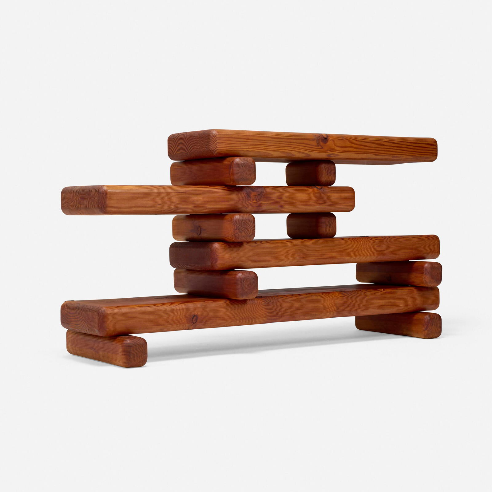 Paul Maull, Sculptural shelving unit: Paul Maull Sculptural shelving unit USA, c. 1975 pine 42 h x 83 w x 23.5 d in (107 x 211 x 60 cm) Provenance: Estate of the artist | Private Collection This work will ship from Los Angeles,
