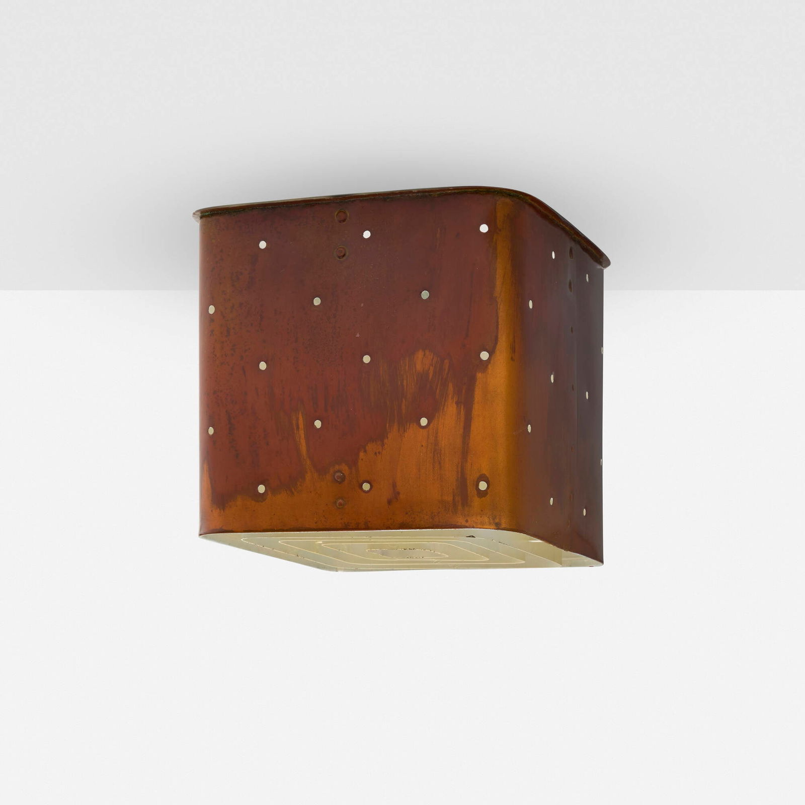 Paavo Tynell, Exterior ceiling lamp: Paavo Tynell Exterior ceiling lamp Idman Finland, c. 1950 lacquered copper, painted steel 10.5 h x 10.25 w x 10.375 d in (27 x 26 x 26 cm) Provenance: Private Collection Literature: Idman,