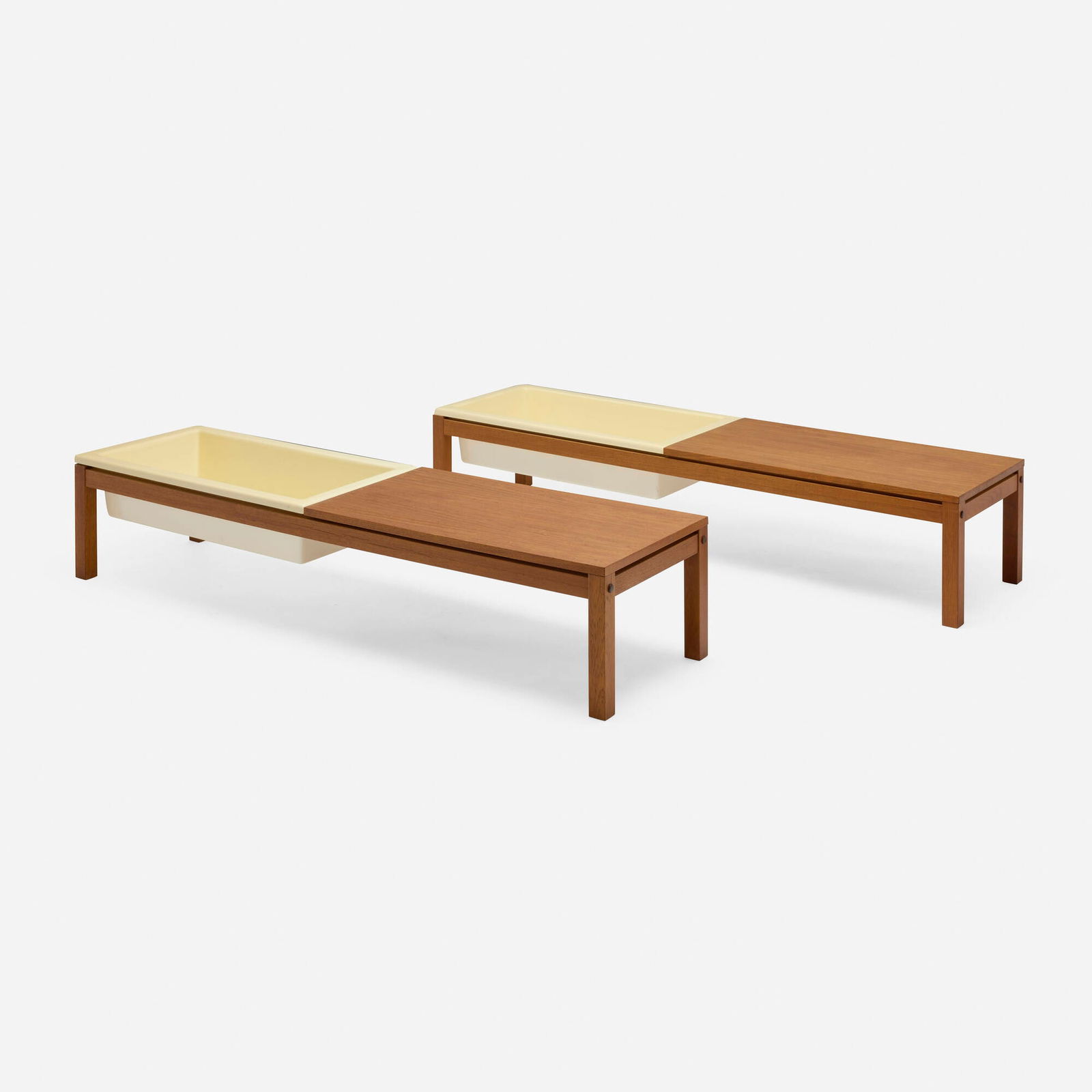 Finnish, Coffee tables with planter box, pair: Finnish Coffee tables with planter box, pair c. 1960 oak, fiberglass, rosewood 12.75 h x 65.375 w x 17.75 d in (32 x 166 x 45 cm) Provenance: Private Collection This work will ship from Chicago,