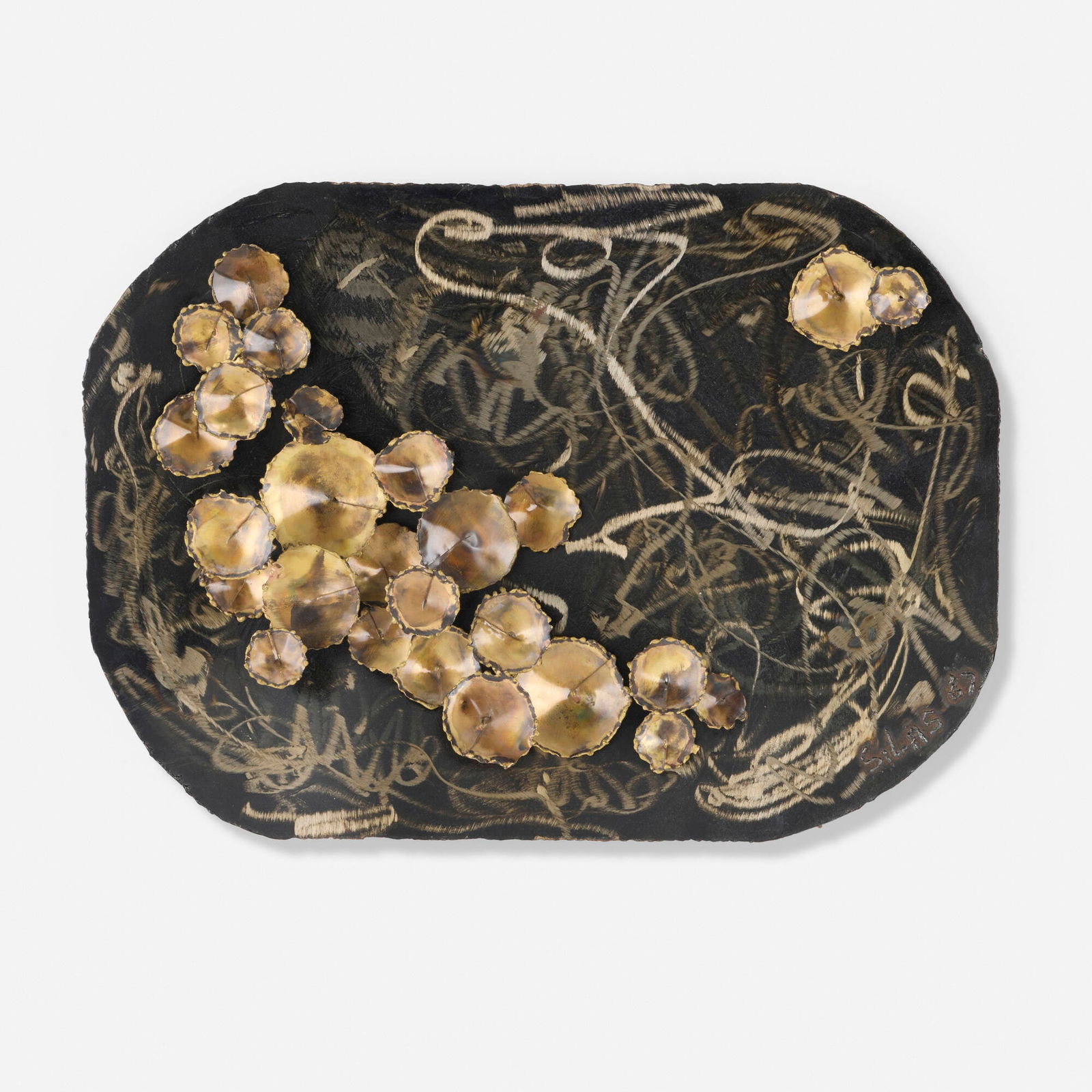 Silas Seandel, Untitled (wall sculpture): Silas Seandel Untitled (wall sculpture) USA, 1967 torch-cut and patinated steel, patinated brass 21.5 h x 29 w x 7 d in (55 x 74 x 18 cm) Welded signature and date to lower right 'Silas 67'. 