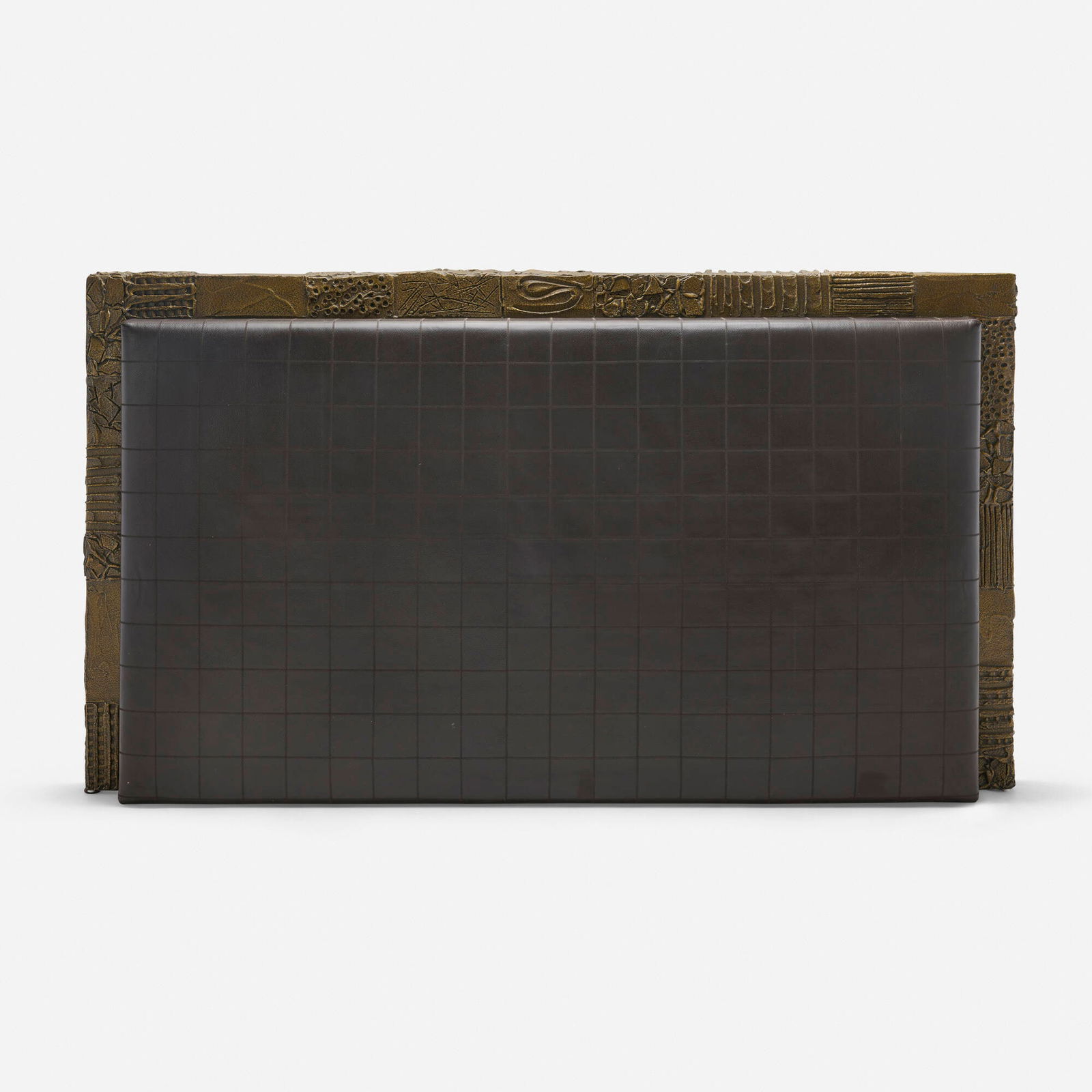 Paul Evans, Custom Sculpted Bronze king-size headboard: Paul Evans Custom Sculpted Bronze king-size headboard Paul Evans Studio for Directional USA, 1972 bronze resin over wood, leather 50.5 h x 86.5 w x 5.25 d in (128 x 220 x 13 cm) Incised signature