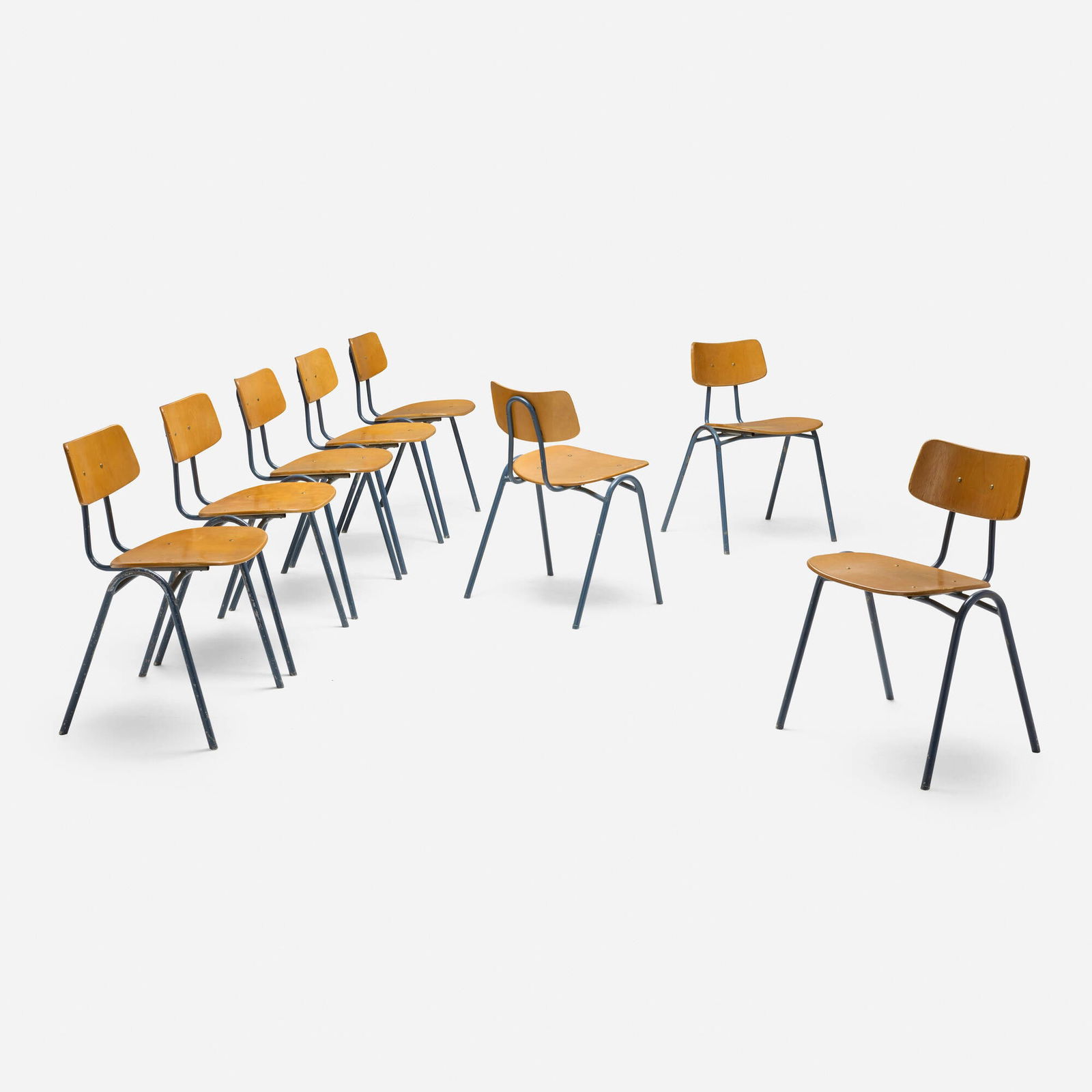 Kurt Hvitsjo, Tuoli 53 chairs, set of eight: Kurt Hvitsjo Tuoli 53 chairs, set of eight Isku Finland, c. 1955 birch plywood, painted steel 28 h x 17.75 w x 18 d in (71 x 45 x 46 cm) Provenance: Private Collection This work will ship from