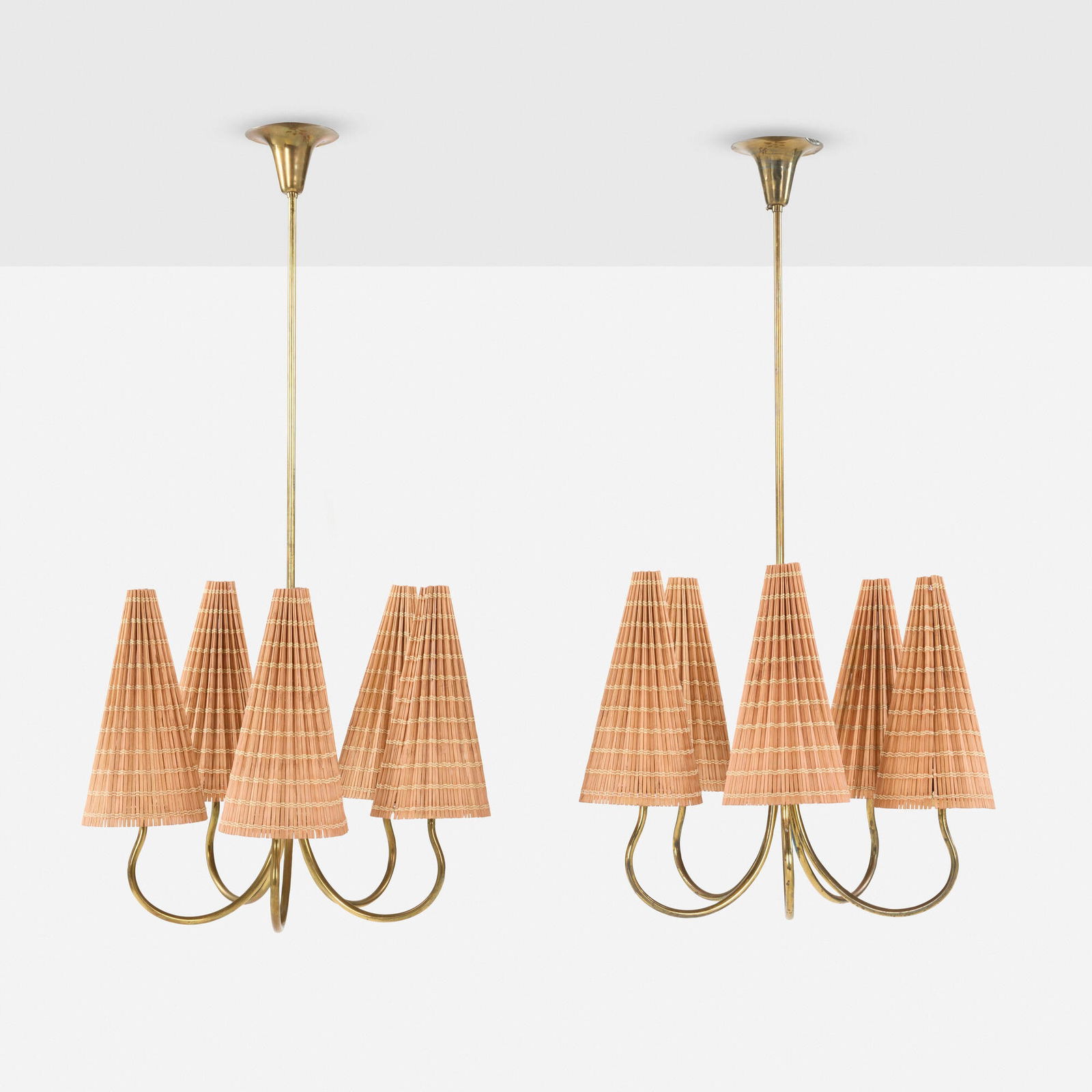 Gunnel Nyman, Chandeliers model 51064, pair: Gunnel Nyman Chandeliers model 51064, pair Idman Finland, c. 1945 brass, cane 36 h x 19.5 dia in (91 x 50 cm) Provenance: Private Collection Literature: Idman, manufacturer's catalog no. 131, pg.