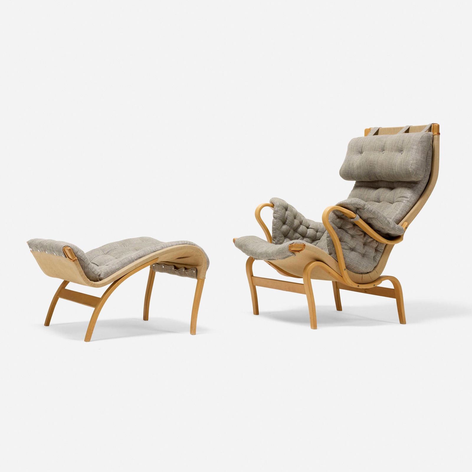 Bruno Mathsson, Pernilla 69 lounge chair and ottoman: Bruno Mathsson Pernilla 69 lounge chair and ottoman DUX Sweden, 1969 laminated and steam-bent birch, upholstery chair: 39 h x 33 w x 15 d in (99 x 84 x 38 cm) ottoman: 17 h x 24.5 w x 27.5 d in (43
