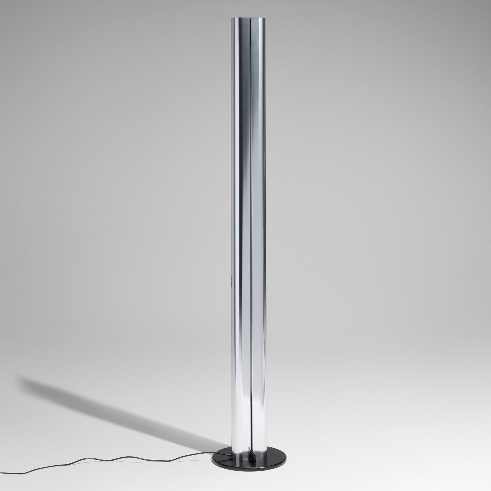 Gianfranco Frattini, Megaron floor lamp: Gianfranco Frattini Megaron floor lamp Artemide Italy, 1979 stainless steel, enameled aluminum 72 h x 12 dia in (183 x 30 cm) Decal manufacturer's label to base of stem 'Artemide Type: Megaron LED