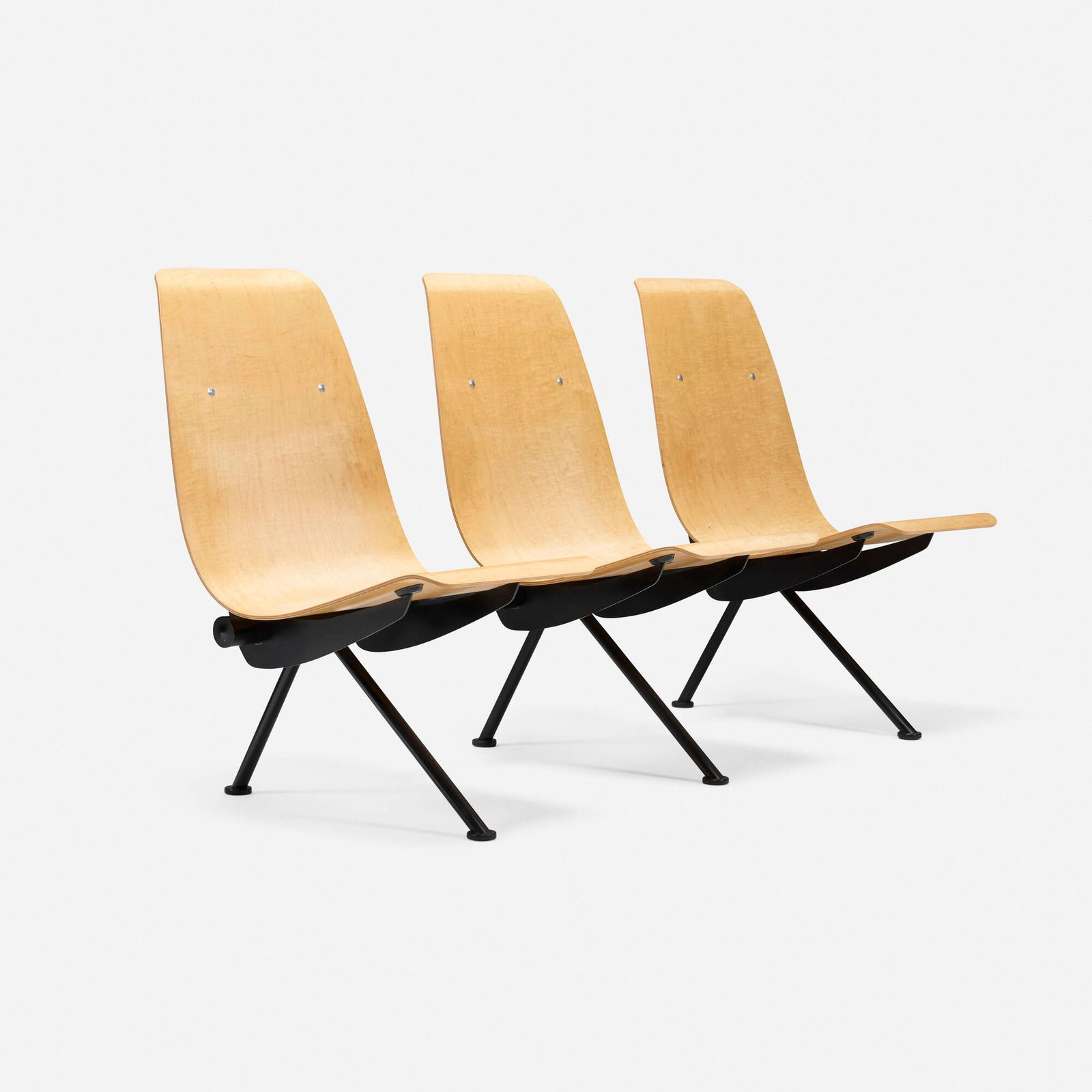 After Jean Prouve, Prototype three-seat bench: After Jean Prouve Prototype three-seat bench MetArt USA c. 1995 upholstery, maple plywood, enameled steel 36 h x 71 w x 27 d in (91 x 180 x 69 cm) This prototype bench was a created for the
