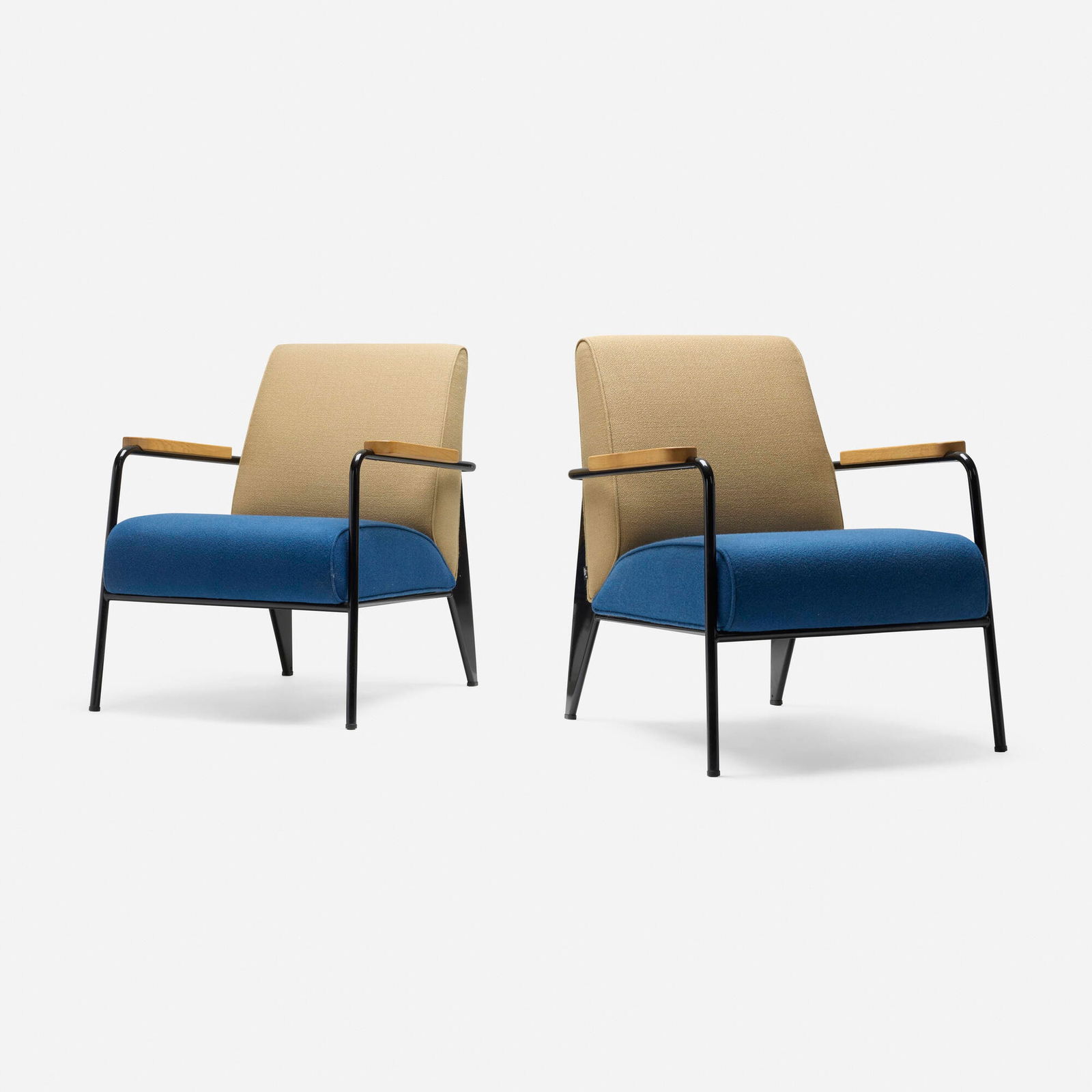 Jean Prouve, Fauteuil de Salon chairs, pair: Jean Prouve Fauteuil de Salon chairs, pair Vitra France / Switzerland, 1939 / c. 2010 enameled metal, upholstery, oak 32.5 h x 26 w x 31 d in (83 x 66 x 79 cm) Upholstery manufacturer's label to