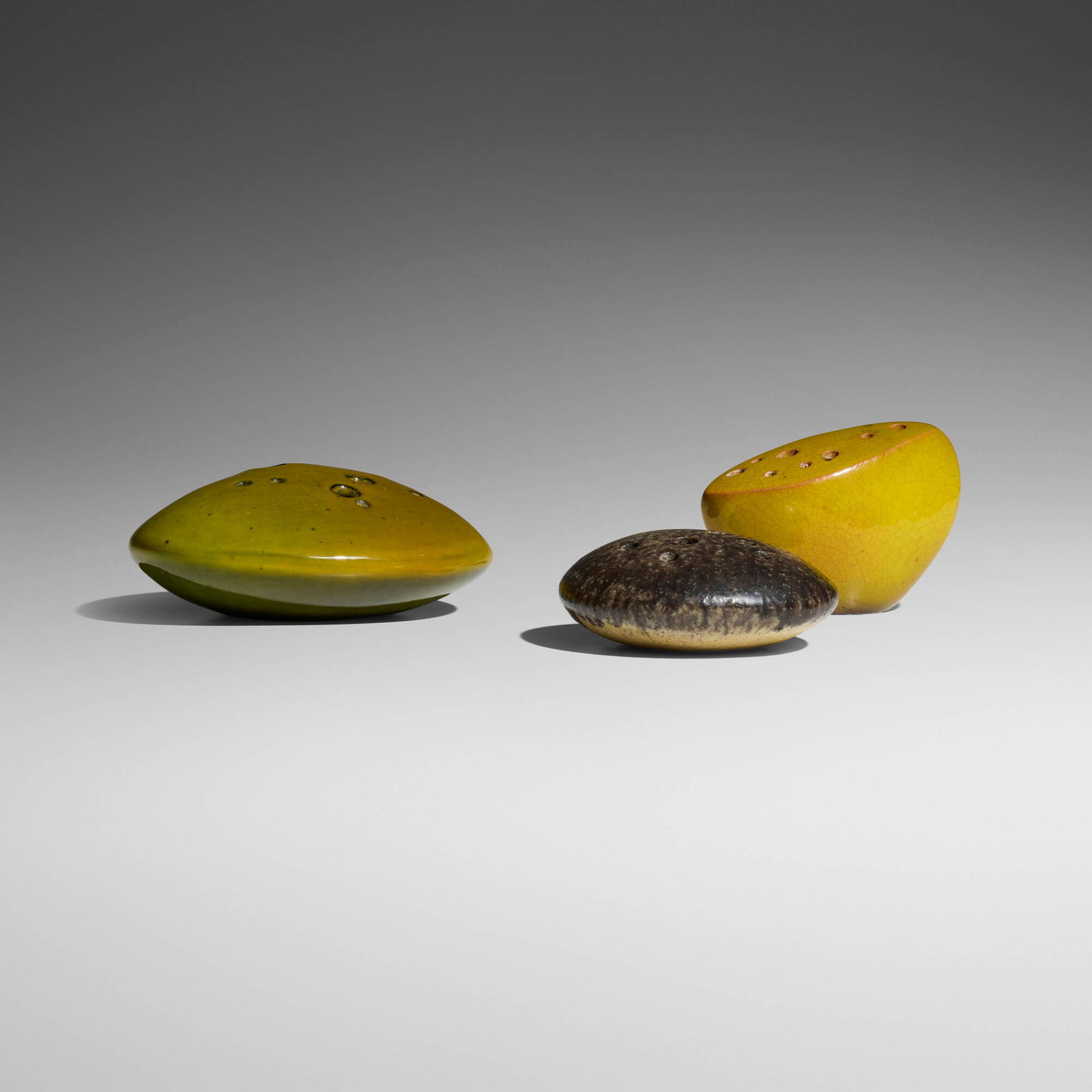 Renato Bassoli, Collection of three Sasso vases: Renato Bassoli Collection of three Sasso vases Italy, c. 1960 glazed ceramic 2.625 h x 6.5 w x 5.5 d in (7 x 17 x 14 cm) 1.75 h x 4.5 w x 4.375 d in (4 x 11 x 11 cm) 3.375 h x 4.625 w x 2.25 d in