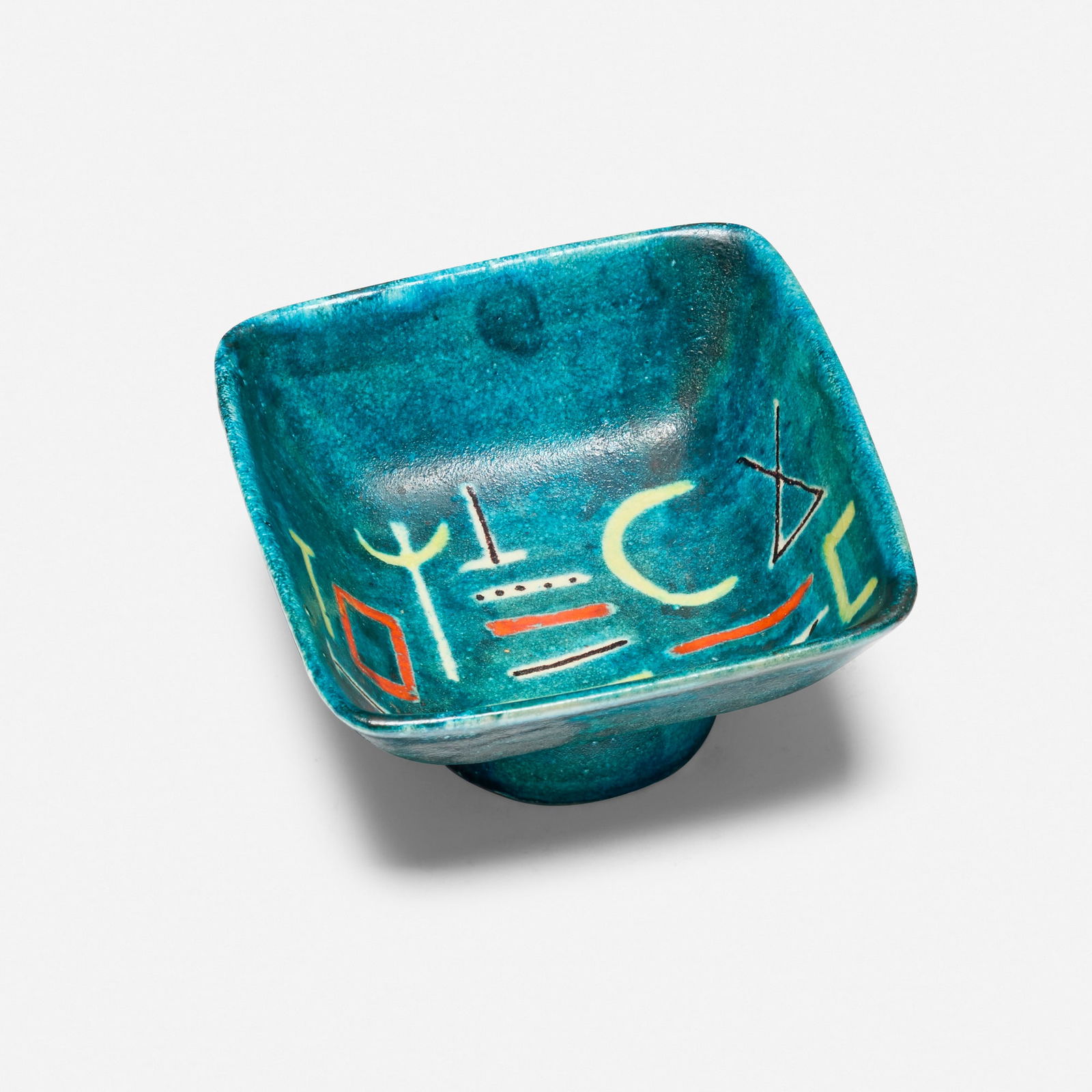 Guido Gambone, Footed bowl: Guido Gambone Footed bowl Italy, c. 1955 glazed stoneware 3.5 h x 6.5 w x 6.5 d in (9 x 17 x 17 cm) Glazed signature and donkey mark to underside 'Gambone Italy'. This work will ship from Los