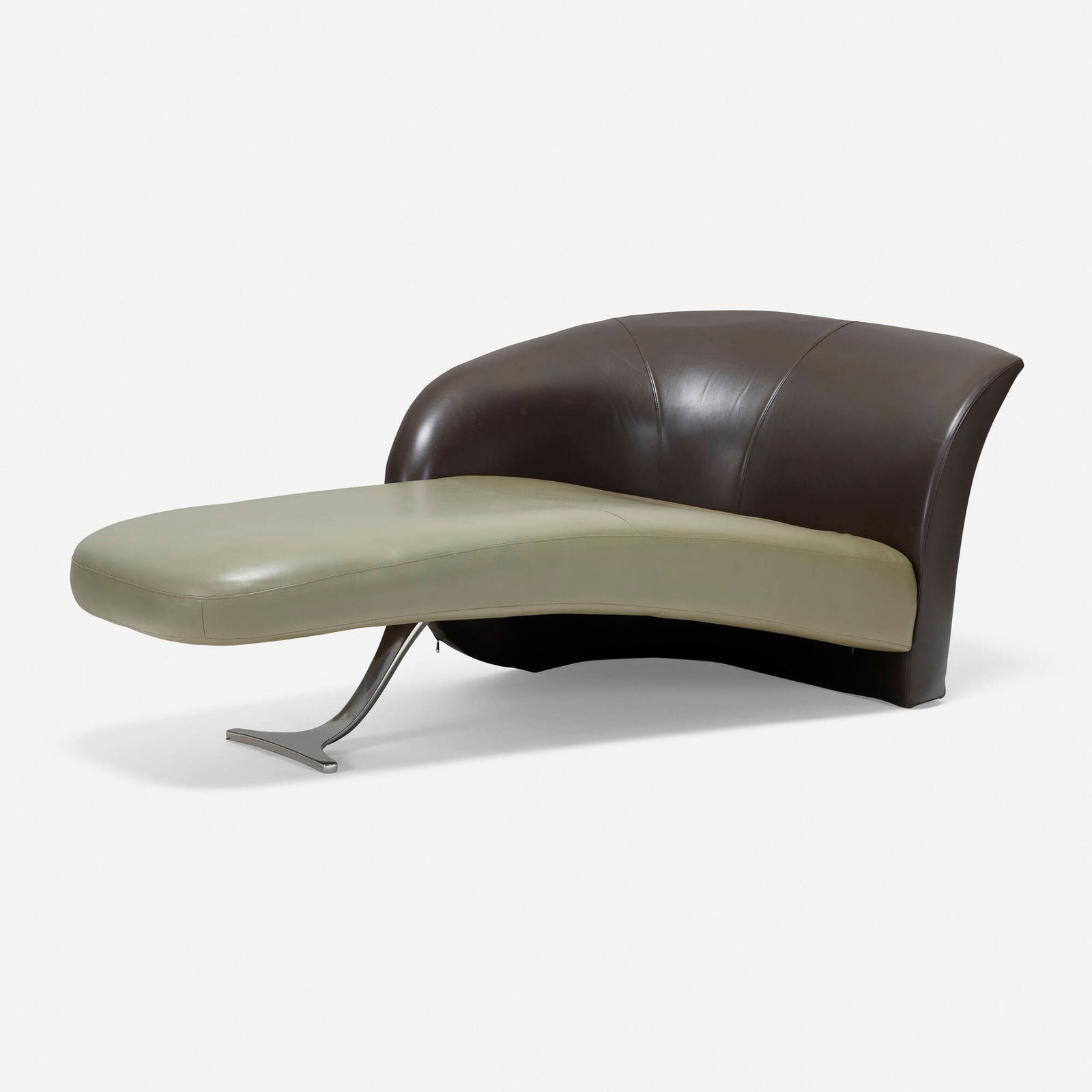 American Leather, Chaise lounge: American Leather Chaise lounge USA, c. 2010 leather, stainless steel 28.5 h x 76 w x 36.5 d in (72 x 193 x 93 cm) Paper manufacturer's label to underside 'American Leather Made in the USA'. This