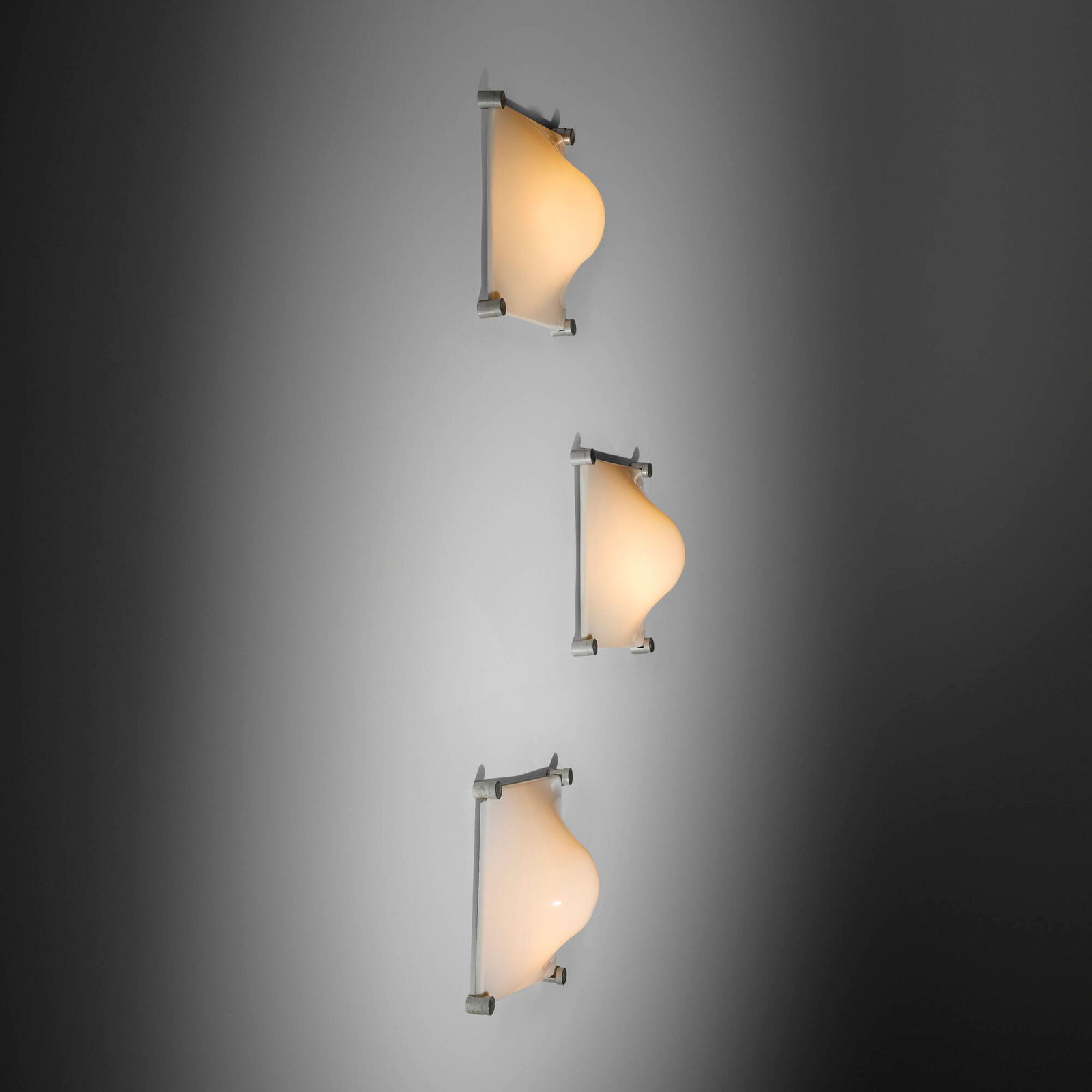 Elio Martinelli, Bolla Luminous wall panels, set of three: Elio Martinelli Bolla Luminous wall panels, set of three Martinelli Luce Italy, 1965 acrylic, aluminum 6 h x 14.75 w x 14.75 d in (15 x 37 x 37 cm) Paper manufacturer's label to interior of each