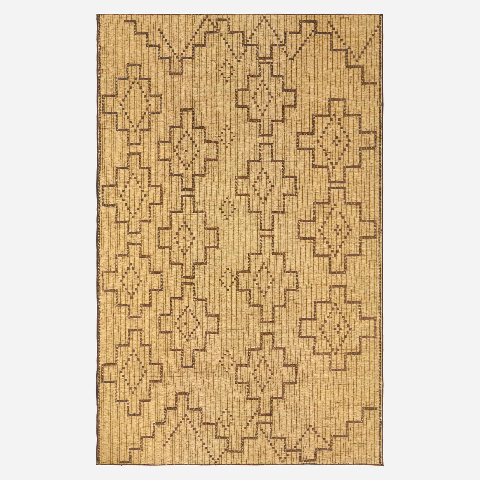 Moroccan, Tuareg Reed flatweave carpet: Moroccan Tuareg Reed flatweave carpet c. 1960 hand-woven reed and palm fibers, leather, and vegetable fiber cords This work will ship from Lambertville, New Jersey.