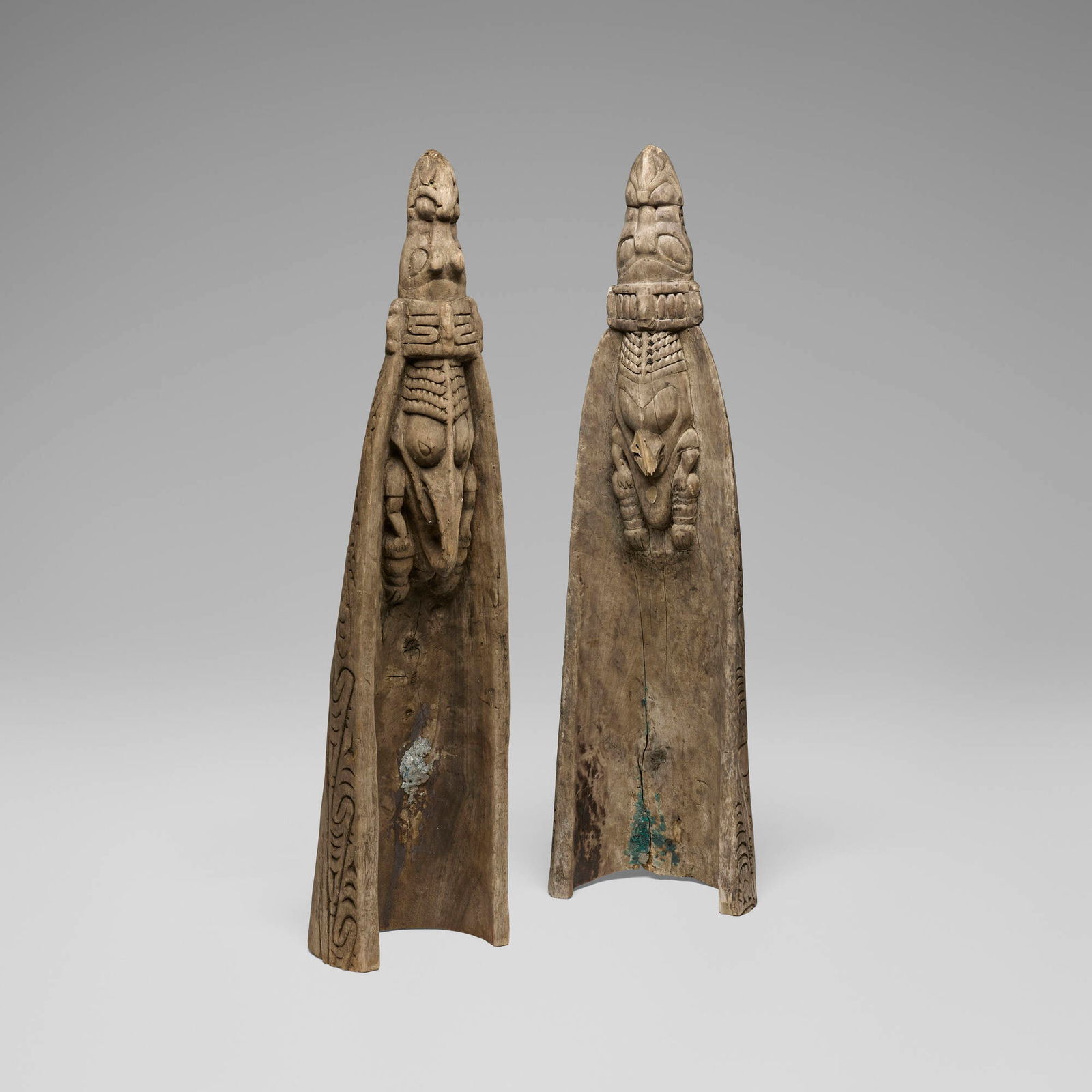 Ramu River, Canoe prows, pair: Ramu River Canoe prows, pair Papua New Guinea carved wood 44 h x 8.5 w x 12.5 d in (112 x 22 x 32 cm) Provenance: P.N.G. Art, Papua New Guinea | Acquired from the previous in 1992, Collection of