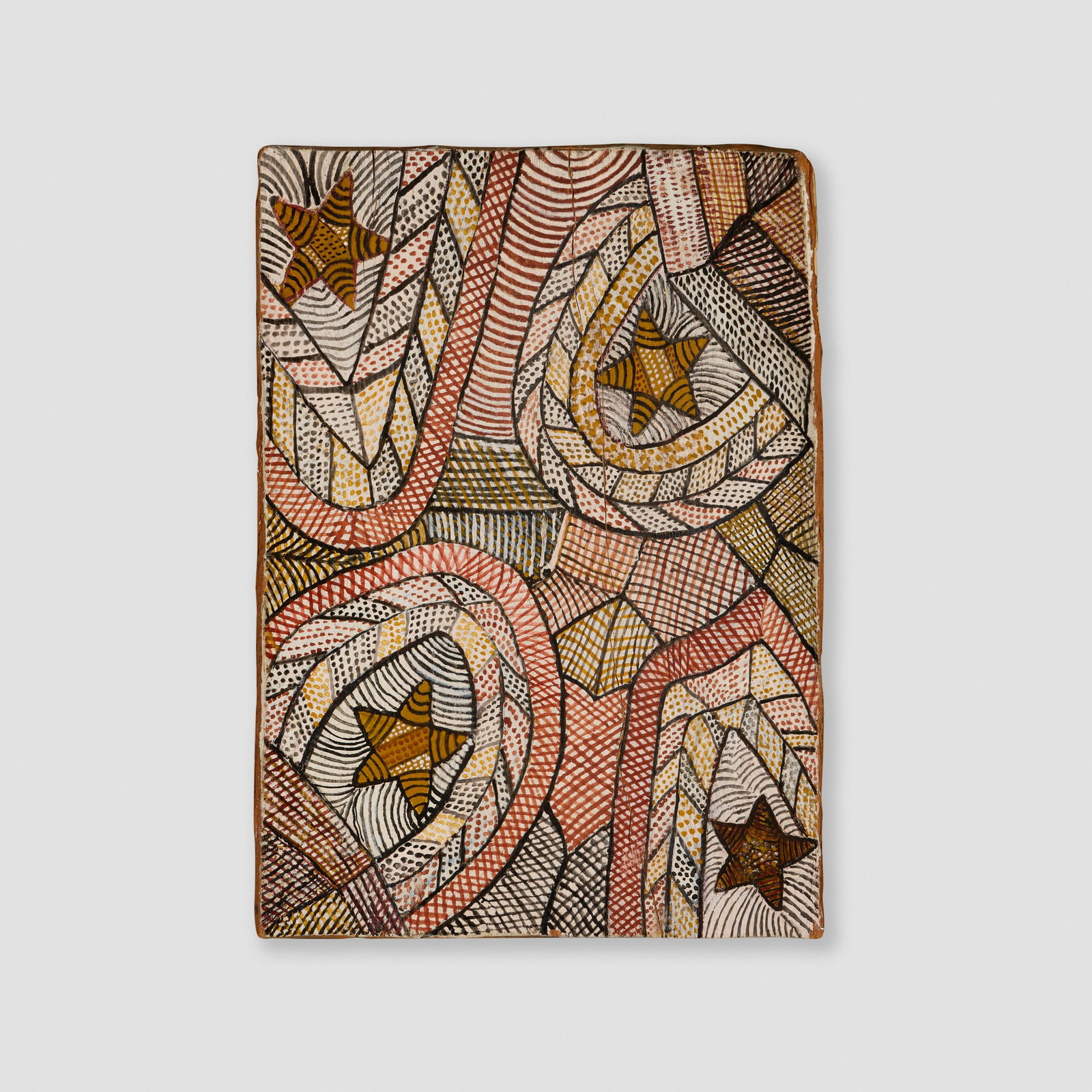 Lindsay Burrud Roughsey, Untitled (Stars and Venus): Lindsay Burrud Roughsey Untitled (Stars and Venus) pigment on bark 10.125 h x 7.5 w in (26 x 19 cm) Signed to verso 'Lindsey Roughsey'. This work will ship from Lambertville, New Jersey.