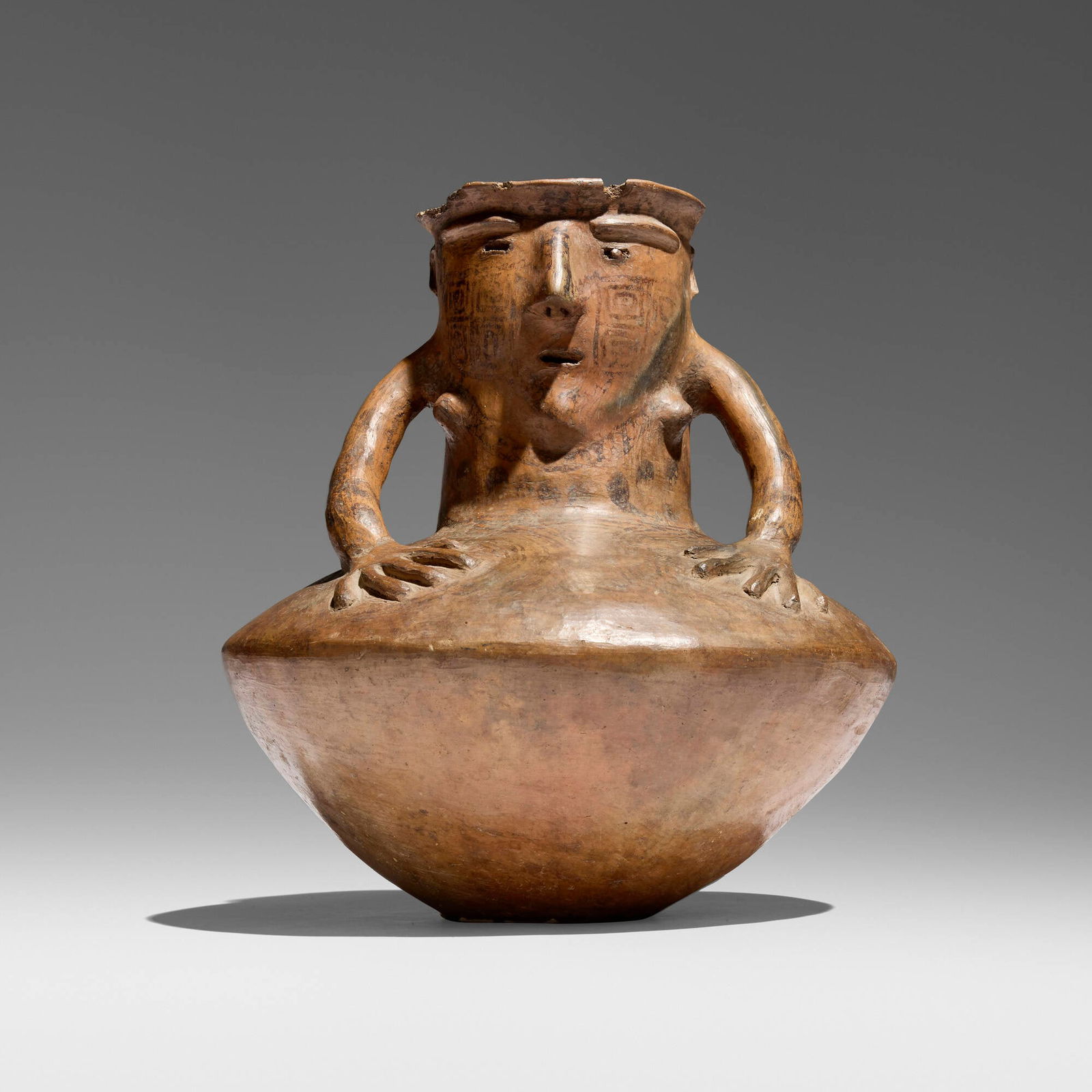 Cara or Panzaleo, Figural vessel: Cara or Panzaleo Figural vessel Ecuador, c. 800-1470 CE earthenware, pigment 10.5 h x 10 dia in (27 x 25 cm) This work will ship from Los Angeles, California.