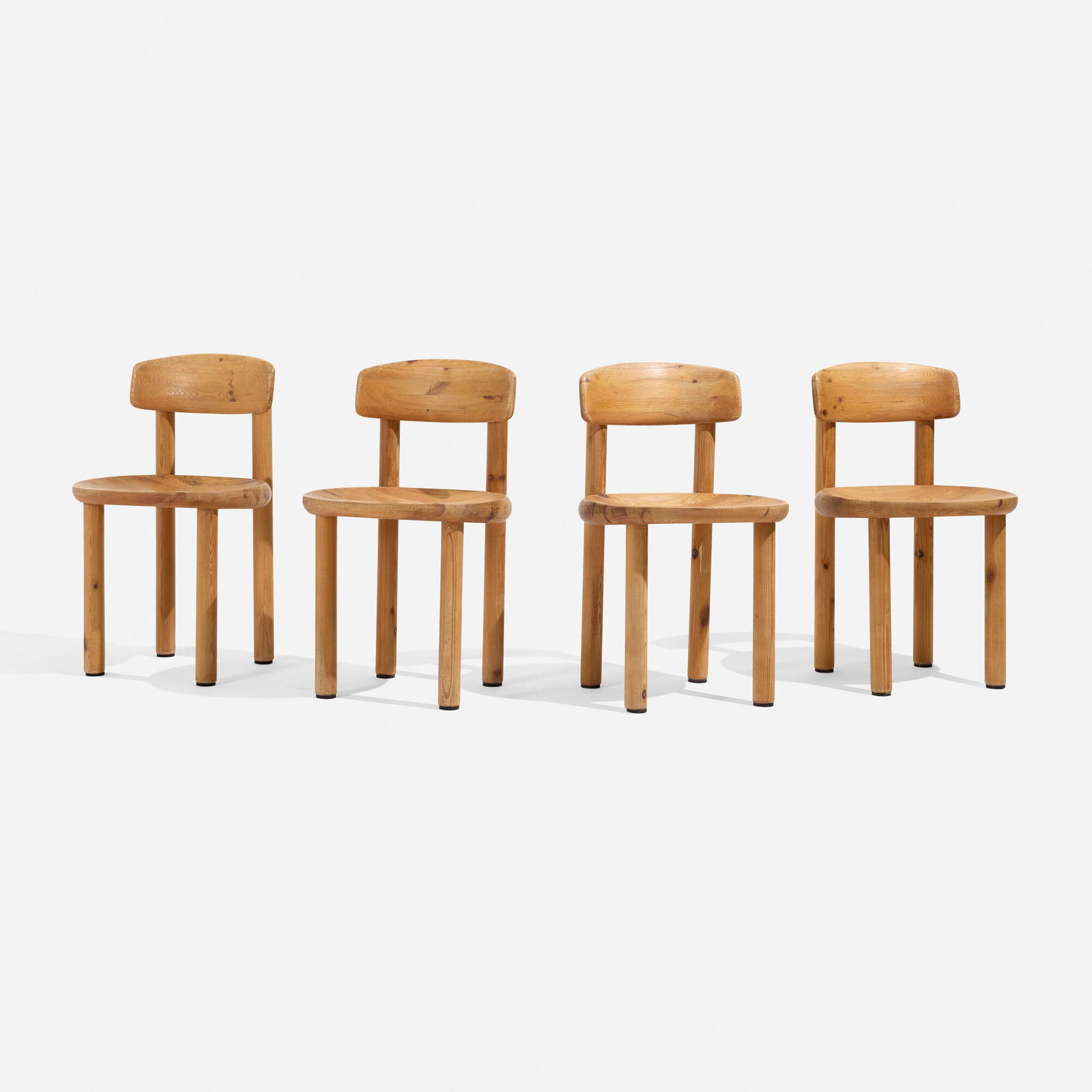 Rainer Daumiller, Dining chairs, set of four: Rainer Daumiller Dining chairs, set of four Denmark, c. 1975 pine 30 h x 19 w x 17 d in (76 x 48 x 43 cm) Chairs feature an adjustable tilting backrest. This work will ship from Los Angeles,