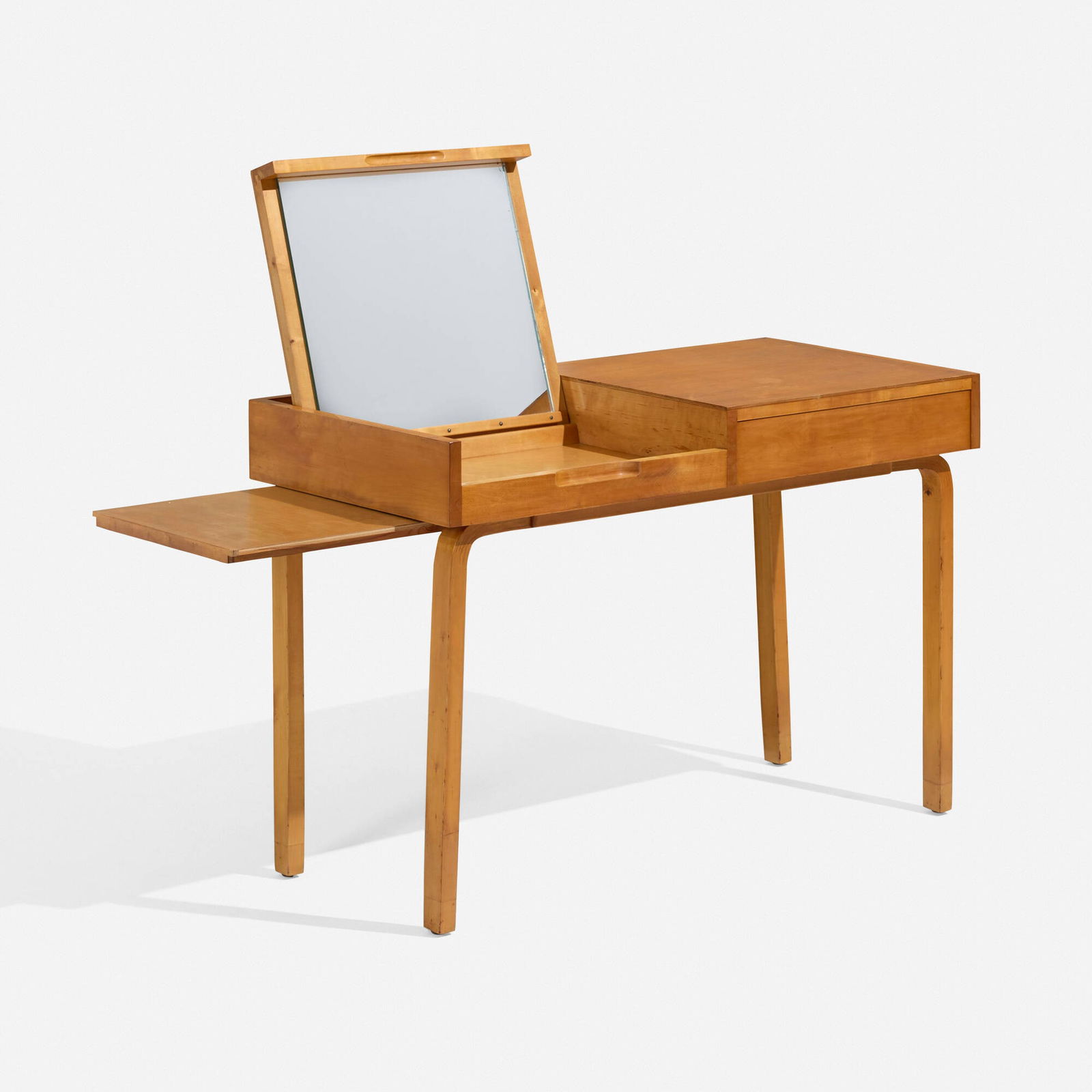 Alvar Aalto, Vanity: Alvar Aalto Vanity Finsven Finland, 1948 maple, mirrored glass 29 h x 41.75 w x 19.5 d in (74 x 106 x 50 cm) Vanity features a flip-top mirror, one drawer and an extendable tray. Tray measures 19