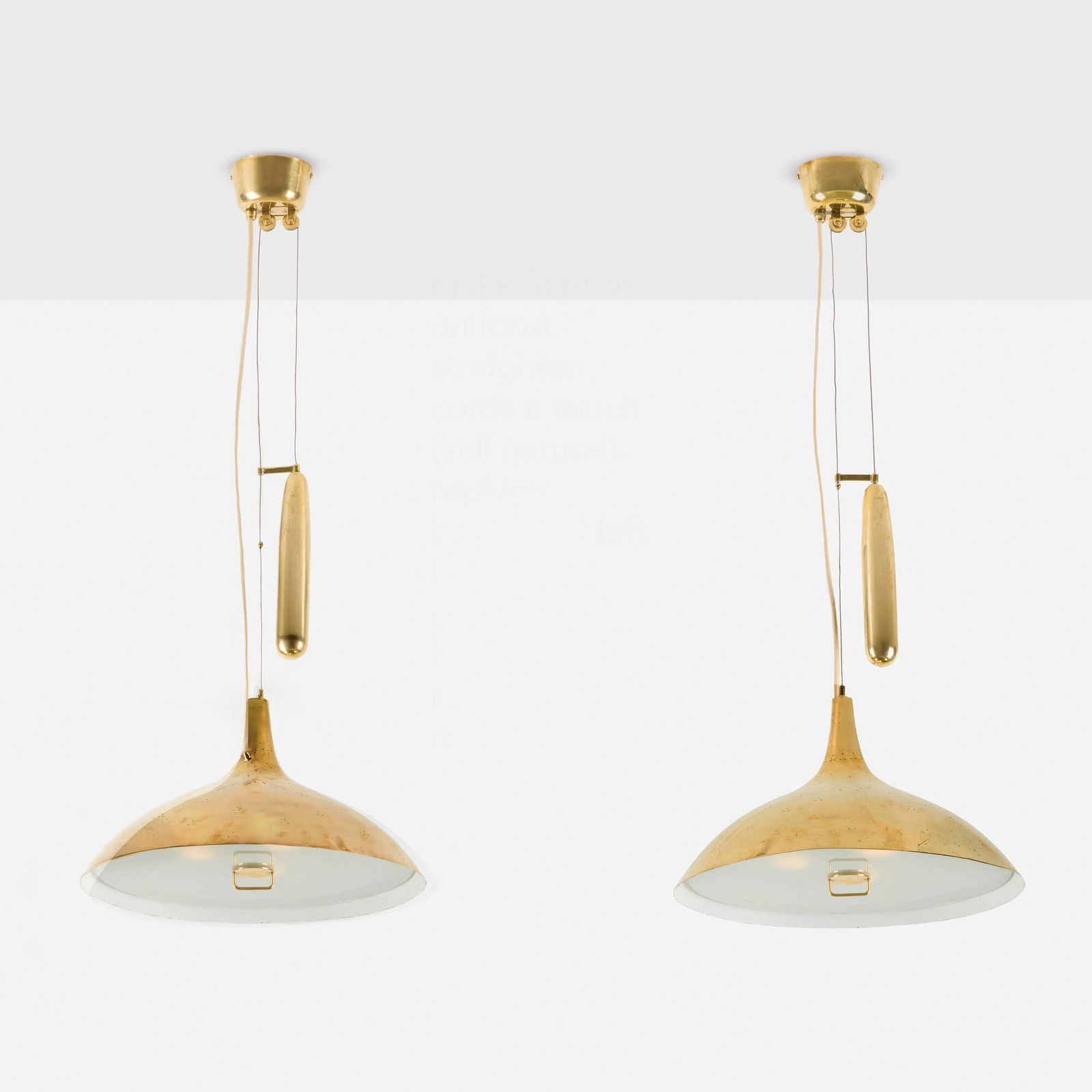 Paavo Tynell, Counterbalance hanging lamps model 10202, pair: Paavo Tynell Counterbalance hanging lamps model 10202, pair Taito Oy Finland, 1948 perforated and enameled brass, brass, frosted glass, steel wire 39 h x 17 dia in (99 x 43 cm) Literature: Paavo