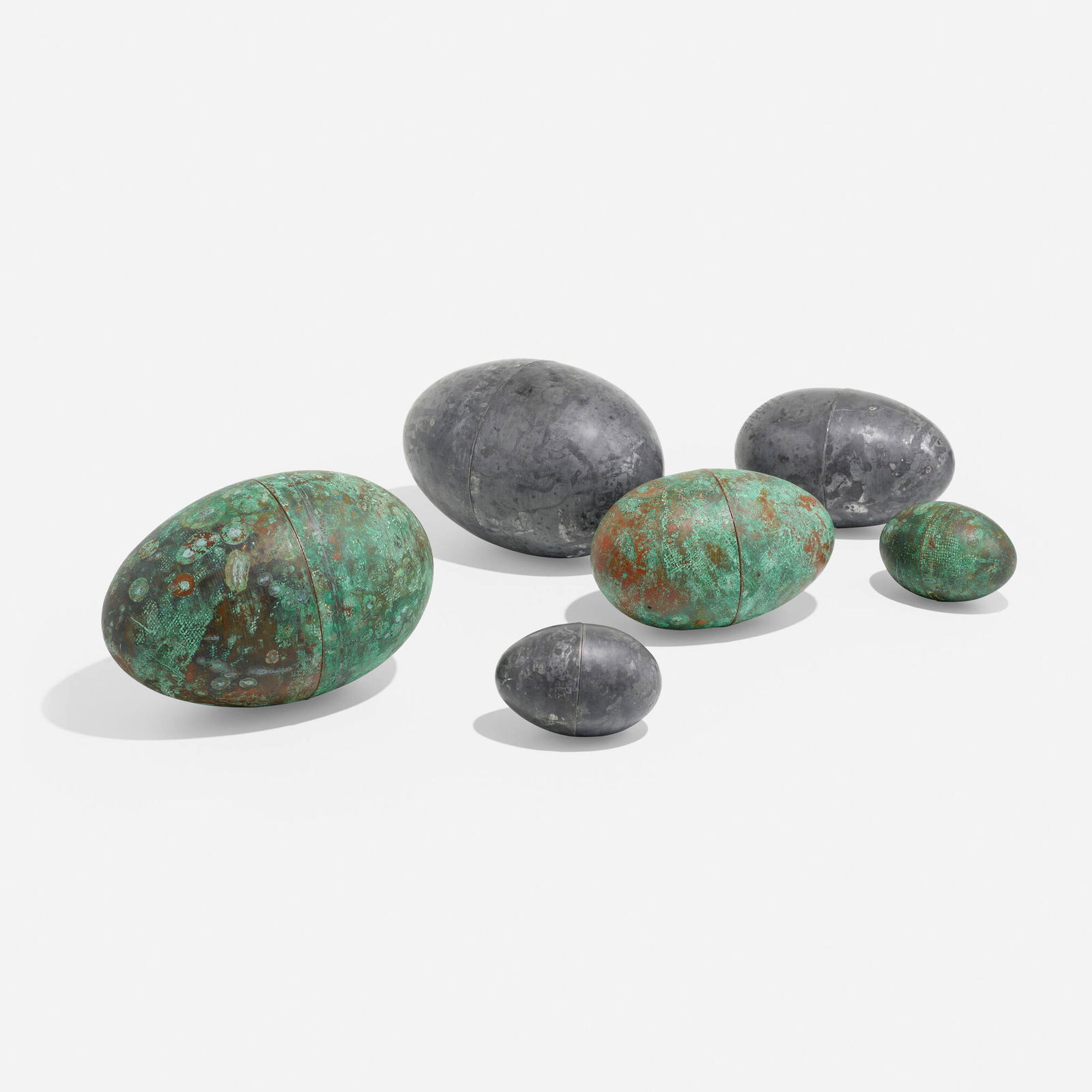 Tage Anderson, Collection of six eggs: Tage Anderson Collection of six eggs Denmark, c. 1980 patinated copper, zinc 7.25 h x 11 w x 7 d in (18 x 28 x 18 cm) 5.5 h x 8.5 w x 5.25 d in (14 x 22 x 13 cm) 3.5 h x 5.25 w x 3.5 d in (9 x 13 x