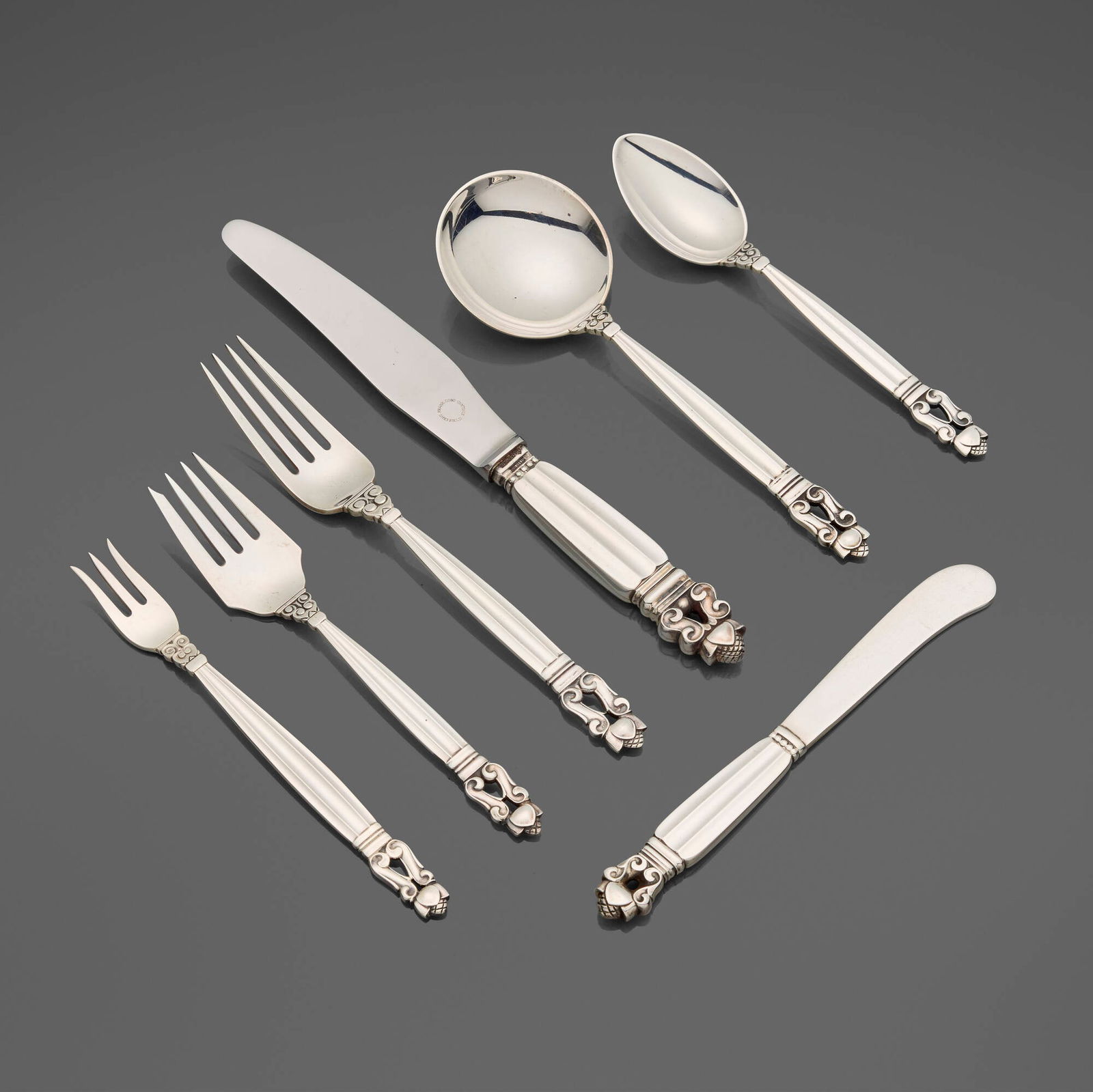 Johan Rohde, Acorn flatware service, model 62: Johan Rohde Acorn flatware service, model 62 Georg Jensen Denmark, 1915 / c. 1945 sterling silver, stainless steel Complete six-piece service for twelve, plus fourteen serving utensils; eighty-six