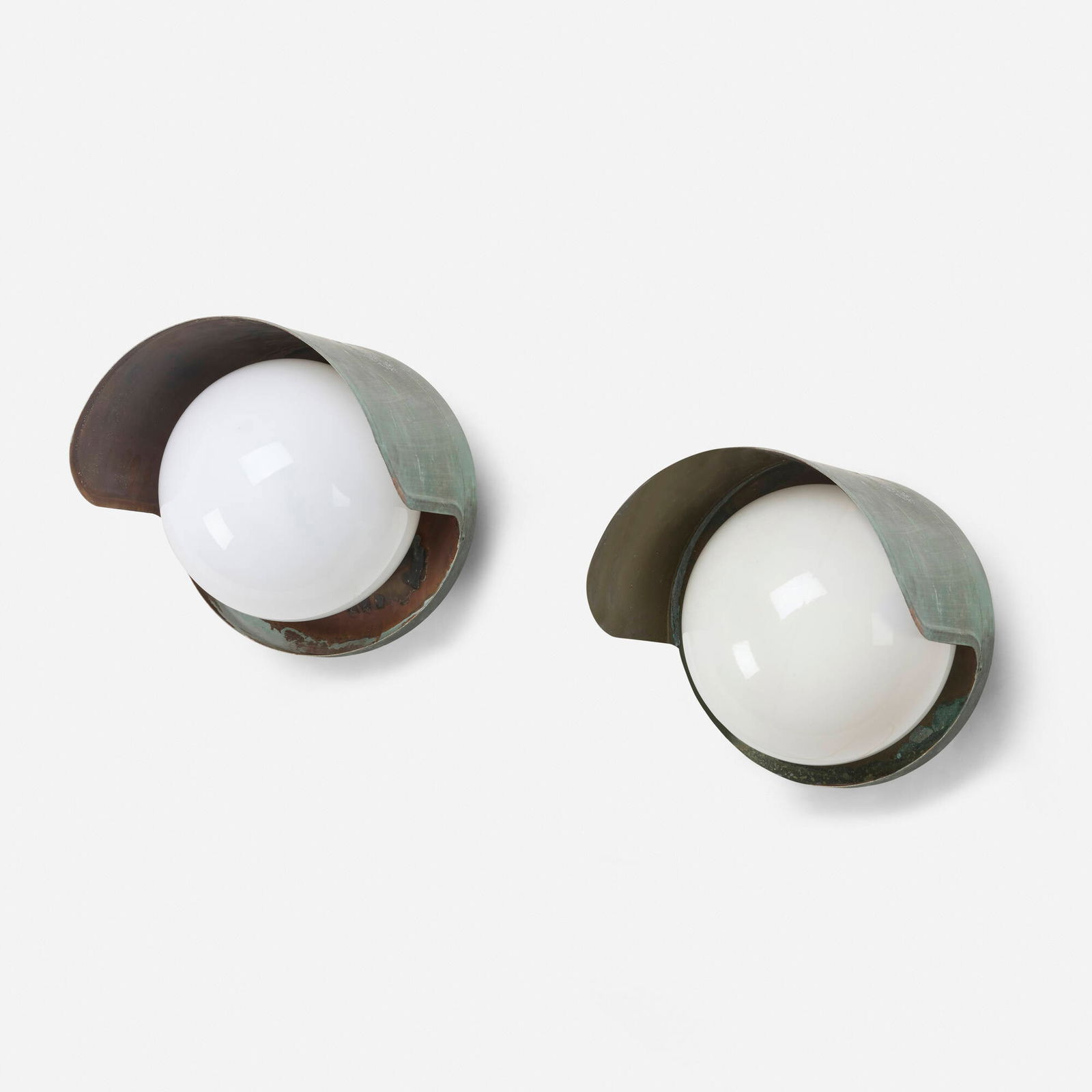 Paavo Tynell, Exterior wall lamps model 2424, pair: Paavo Tynell Exterior wall lamps model 2424, pair Idman Finland, c. 1955 copper, opal glass 9.5 h x 10.5 w x 11 d in (24 x 27 x 28 cm) Provenance: Private Collection Literature: Idman,