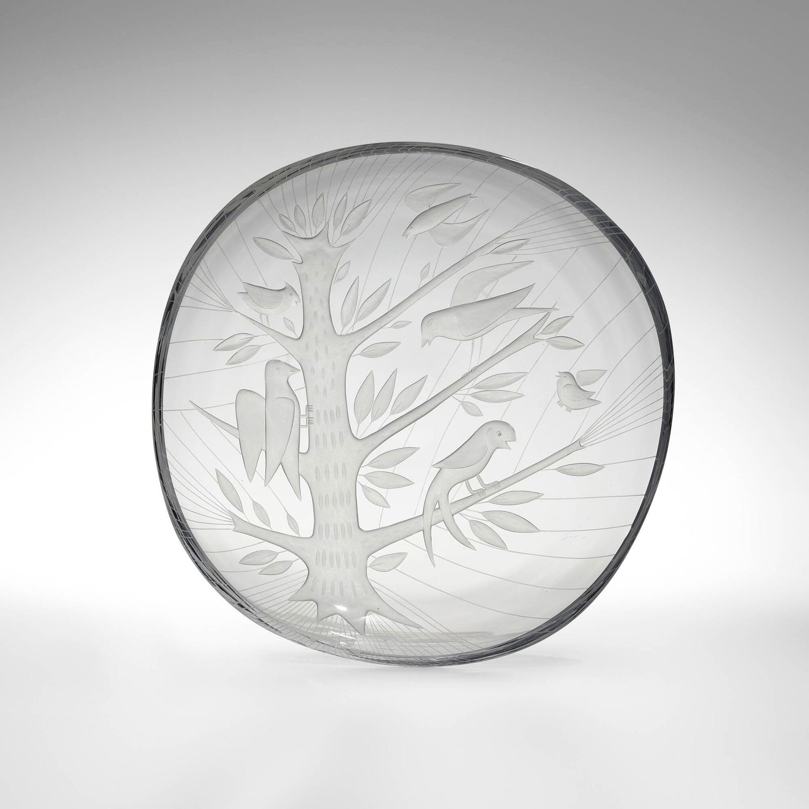 Helena Tynell and Theodor Kappi, Early Bird Tree plate: Helena Tynell and Theodor Kappi Early Bird Tree plate Kauklahti Lasitehdas Finland, 1951 wheel-carved glass 1.875 h x 11.125 w x 11.25 d in (5 x 28 x 29 cm) Incised signature and date to outer