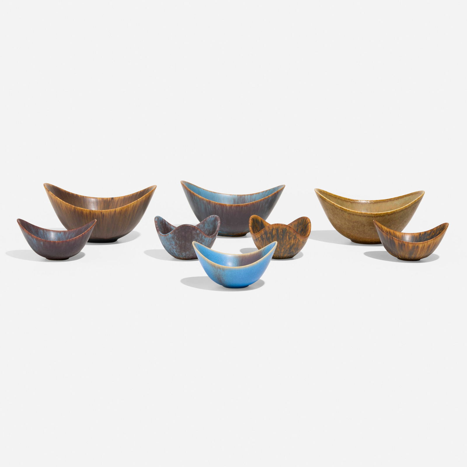 Gunnar Nylund, Collection of eight bowls: Gunnar Nylund Collection of eight bowls RorstrandSweden, 1954glazed stoneware largest: 3 h x 6 w x 5 d in (8 x 15 x 13 cm) smallest: 2 h x 3.5 dia in (5 x 9 cm) Collection is comprise