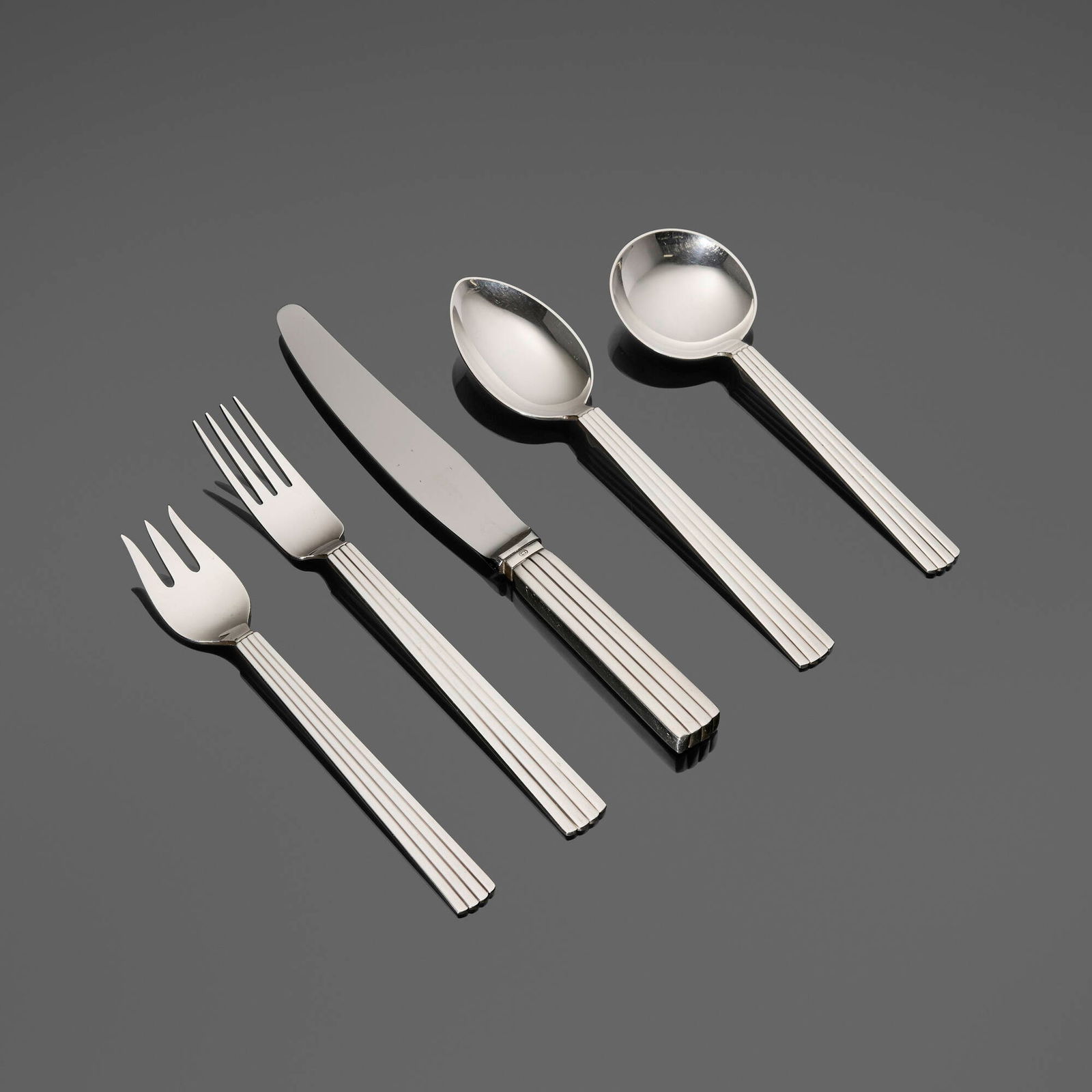 Sigvard Bernadotte, Bernadotte flatware service: Sigvard Bernadotte Bernadotte flatware service Georg JensenSweden / Denmark, c. 1939sterling silver, stainless steel This design was created by Sigvard Bernadotte, prince of the Swedish Roy