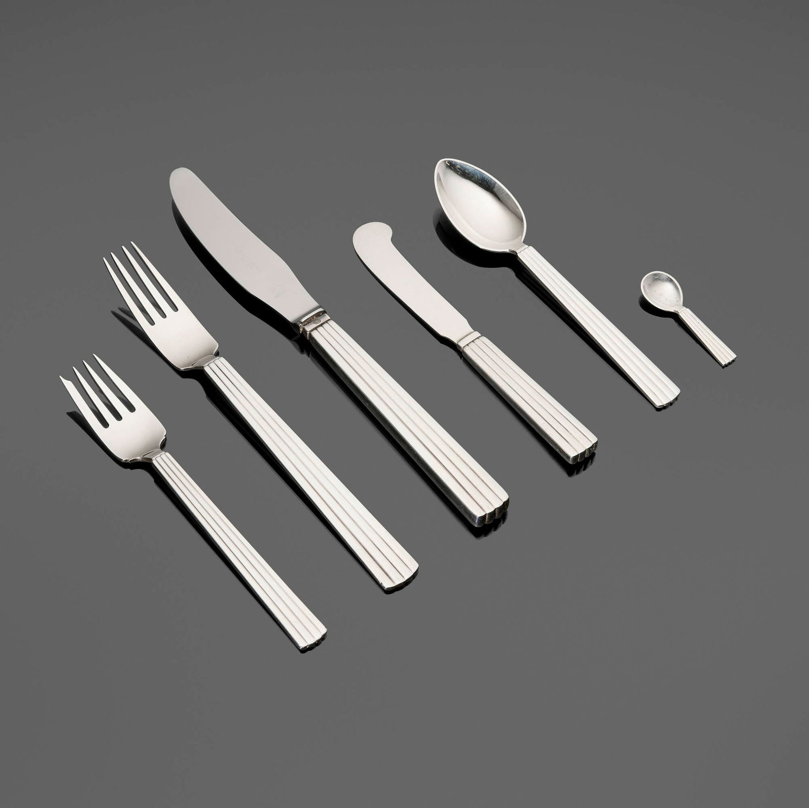 Sigvard Bernadotte, Bernadotte flatware service: Sigvard Bernadotte Bernadotte flatware service Georg JensenSweden / Denmark, c. 1939sterling silver, stainless steel This design was created by Sigvard Bernadotte, prince of the Swedish Roy