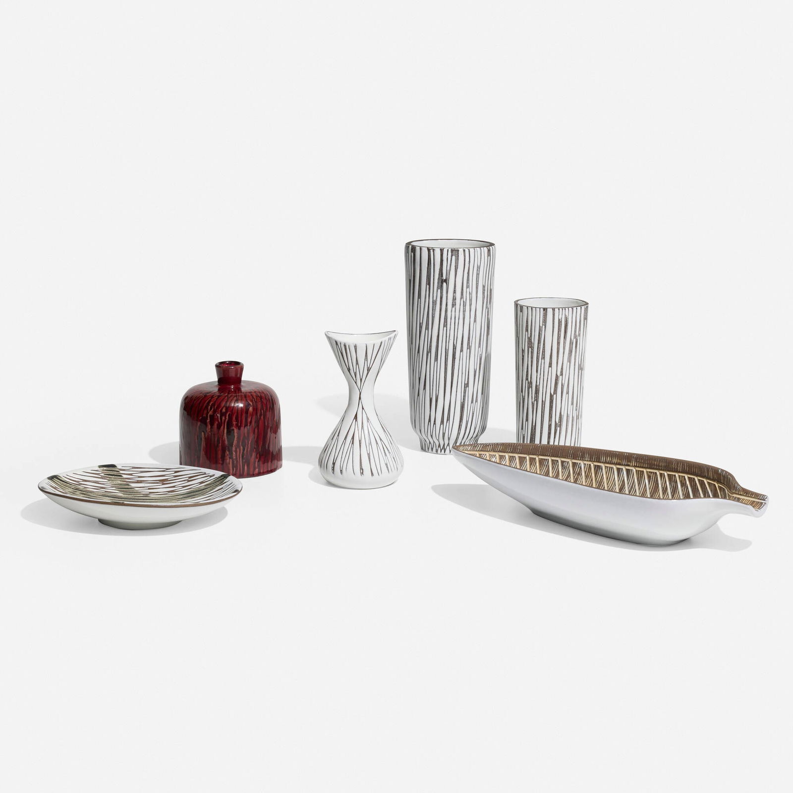 Mari Simmulson, Collection of six vessels: Mari Simmulson Collection of six vessels Upsala-Ekeby Sweden, c. 1952-57 glazed stoneware tallest: 11.5 h x 5 w x 4.25 d in (29 x 13 x 11 cm) shortest: 1.875 h x 9.75 w x 7.625 d in (5 x 25 x 19