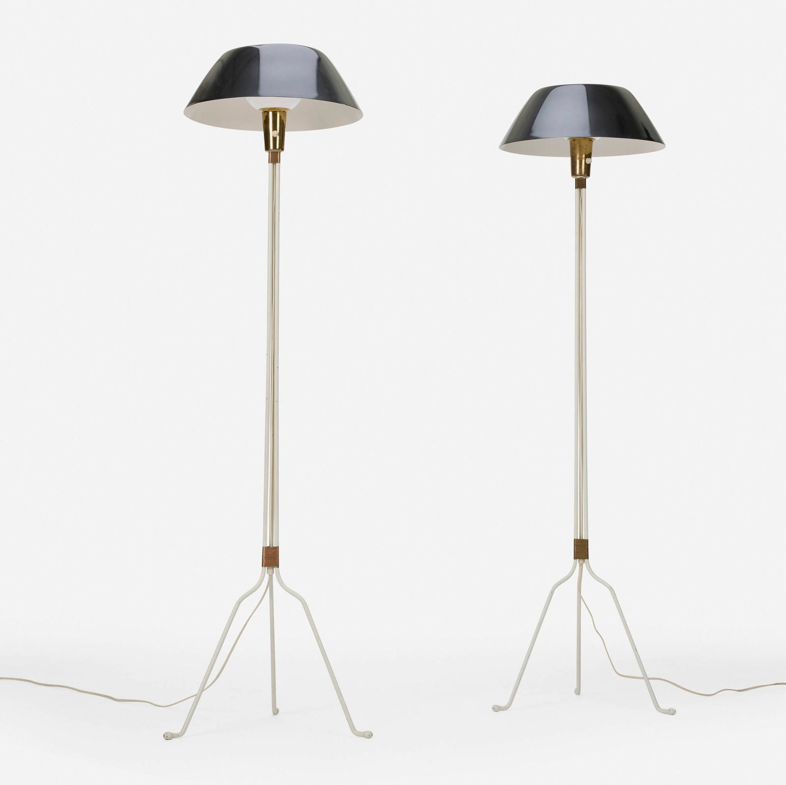 Lisa Johansson-Pape, Floor lamps model 30-058, pair: Lisa Johansson-Pape Floor lamps model 30-058, pair Orno Finland, c. 1955 lacquered aluminum and steel, brass, plastic, copper 58.5 h x 21 dia in (149 x 53 cm) This work will ship from Chicago,