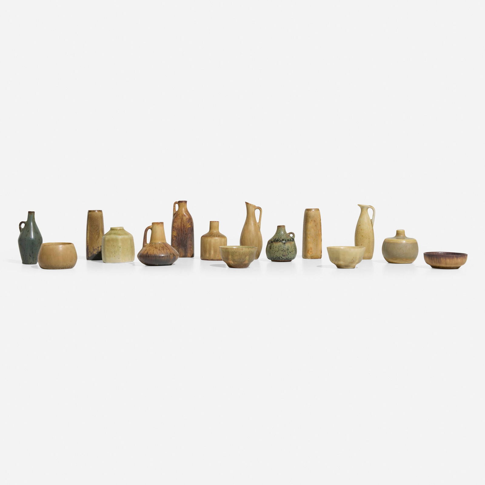 Carl-Harry Stalhane, Collection of fifteen miniature vessels: Carl-Harry Stalhane Collection of fifteen miniature vessels Rorstrand Sweden, c. 1955 glazed stoneware largest: 3 h x 1.25 w x 0.75 d in (8 x 3 x 2 cm) smallest: 1 h x 1.75 dia in (3 x 4 cm) 