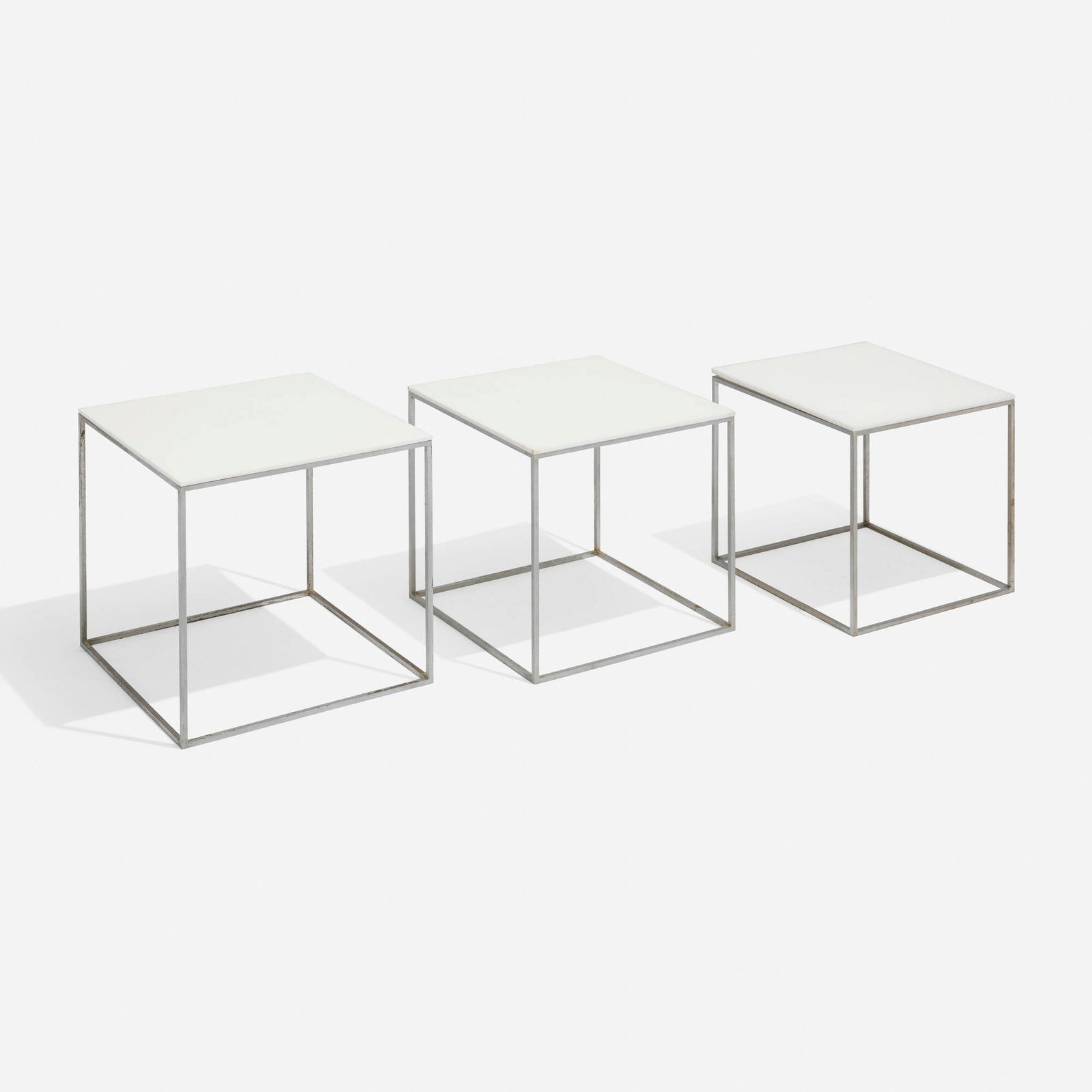 Poul Kjaerholm, PK 71 nesting tables, set of three: Poul Kjaerholm PK 71 nesting tables, set of three E. Kold Christensen Denmark, 1957 acrylic, matte chrome-plated steel 11.25 h x 11.125 w x 11.125 d in (29 x 28 x 28 cm) 10.75 h x 10.5 w x 10.5 d