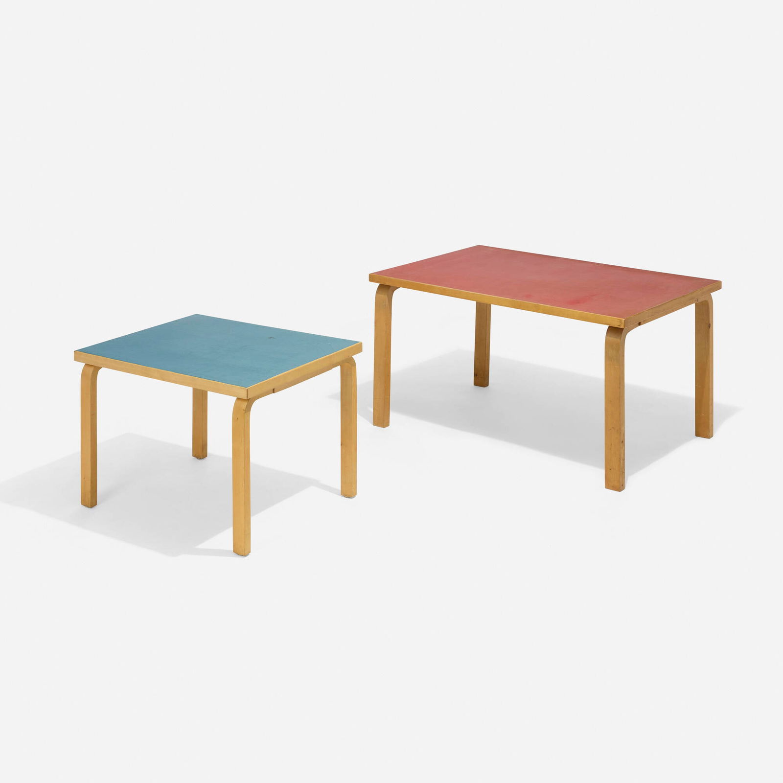 Alvar Aalto, L-Leg tables, set of two: Alvar Aalto L-Leg tables, set of two ArtekFinland, 1933 / c. 1965laminated birch, linoleum 25.75 h x 47.25 w x 29.5 d in (65 x 120 x 75 cm) 22.75 h x 31.5 w x 23.5 d in (58 x 80 x 60 cm)